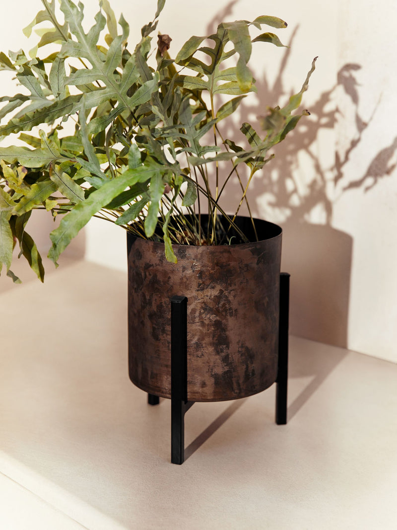 French Connection Black/Bronze Small Patina Metal Stand Plant Pot