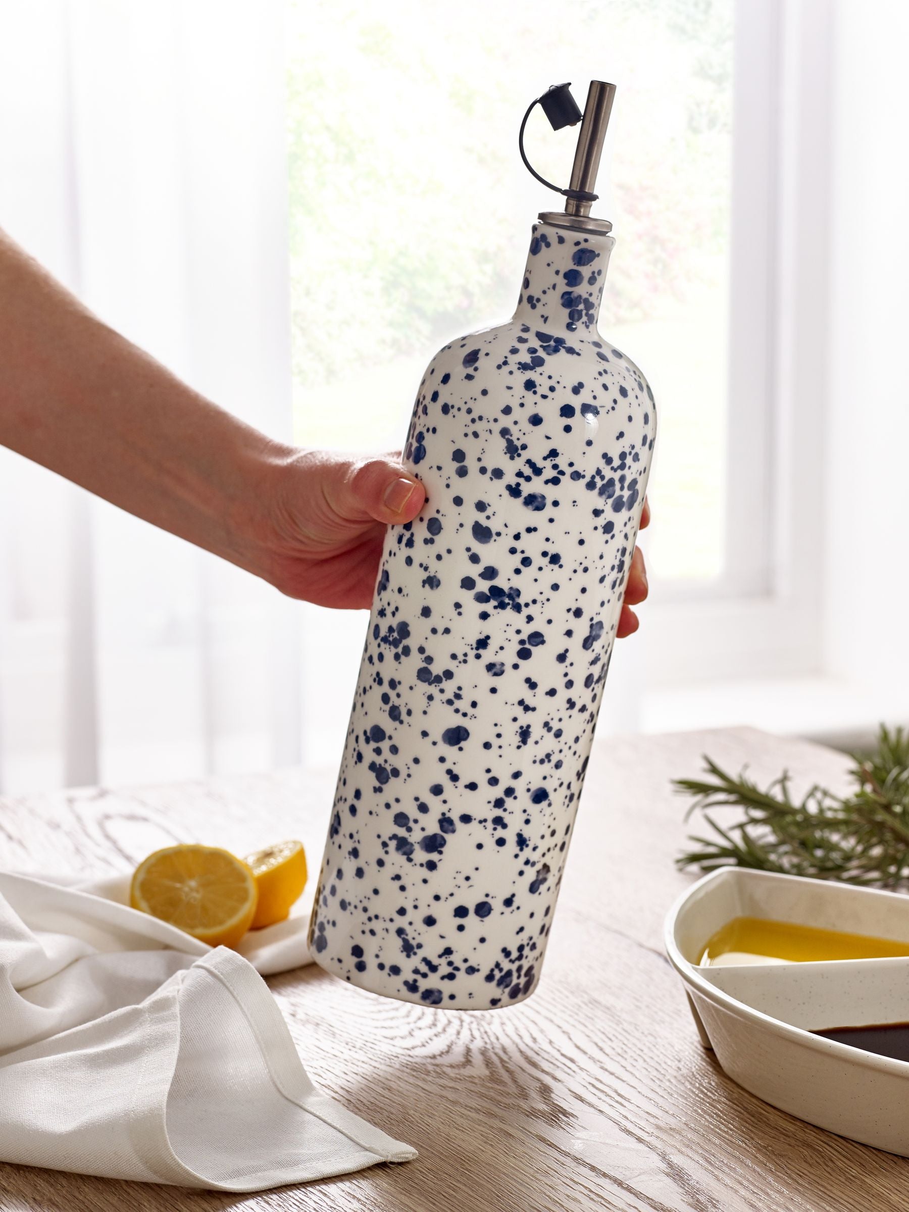Blue speckle large stoneware oil bottle - British product