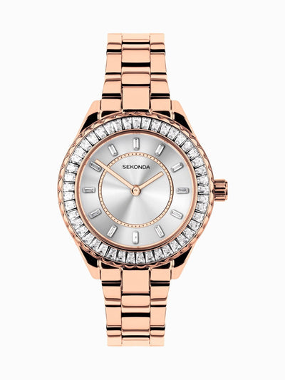 Damen 34mm Goldfarbene Uhr mit Edelstahlarmband und Steinbesetztem Zifferblatt
