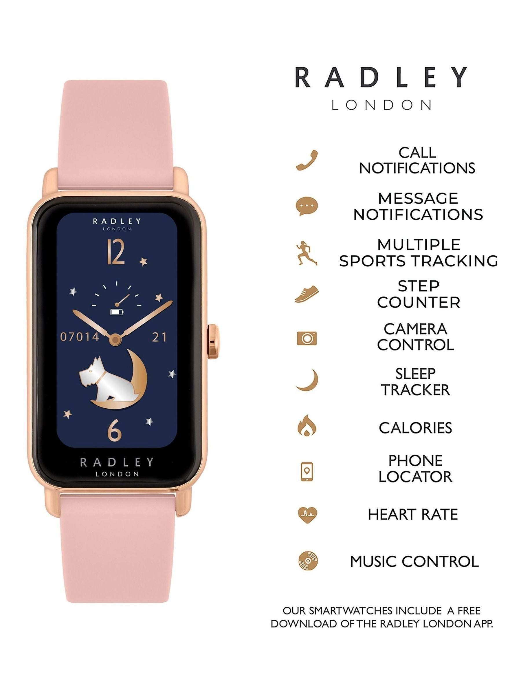 Radley Pink Ladies smartwatch with rose cobweb design, imported from the UK