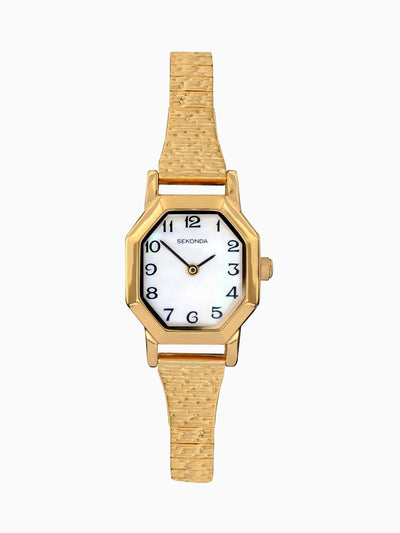 Goldfarbene Armbanduhr mit dehnbarer Schließe für Damen mit weißem Zifferblatt