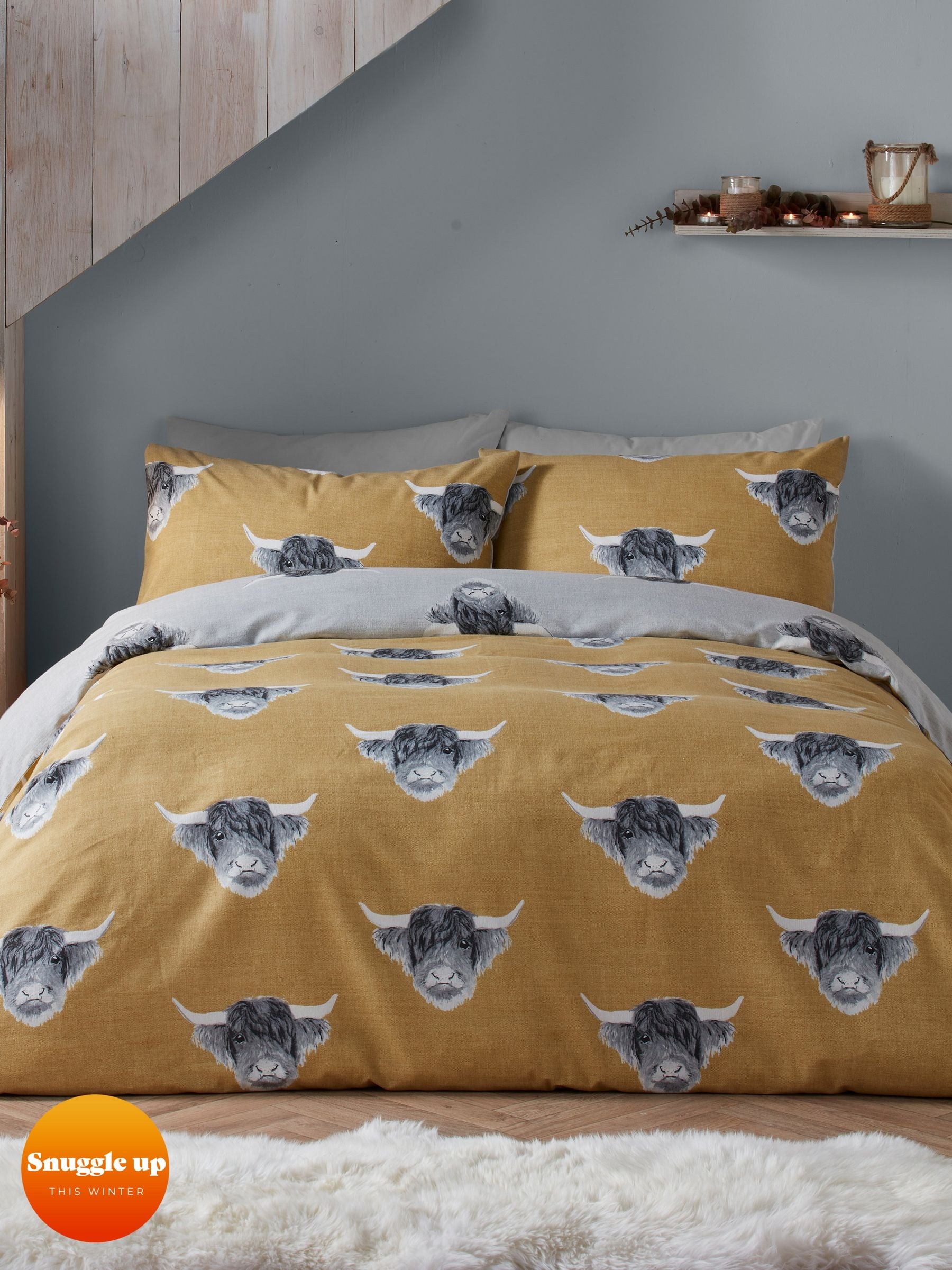 Fusion Yellow Highland Cow brushed duvet cover set - British product
