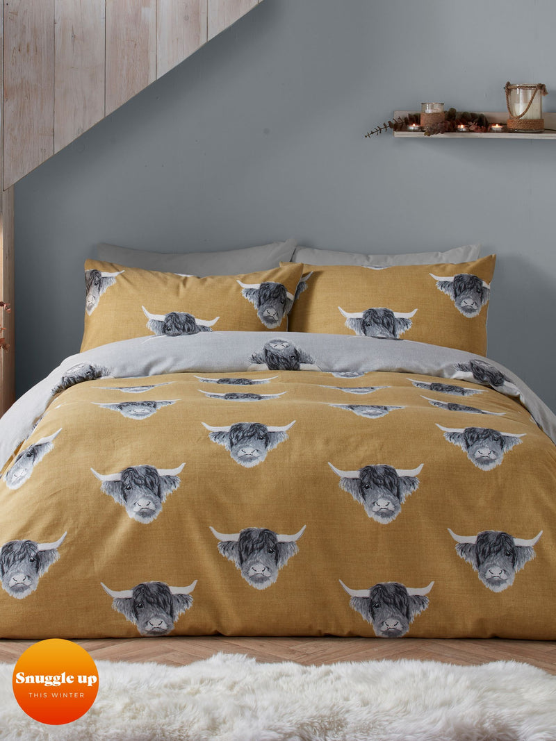 Fusion Yellow Highland Cow brushed duvet cover set - British product
