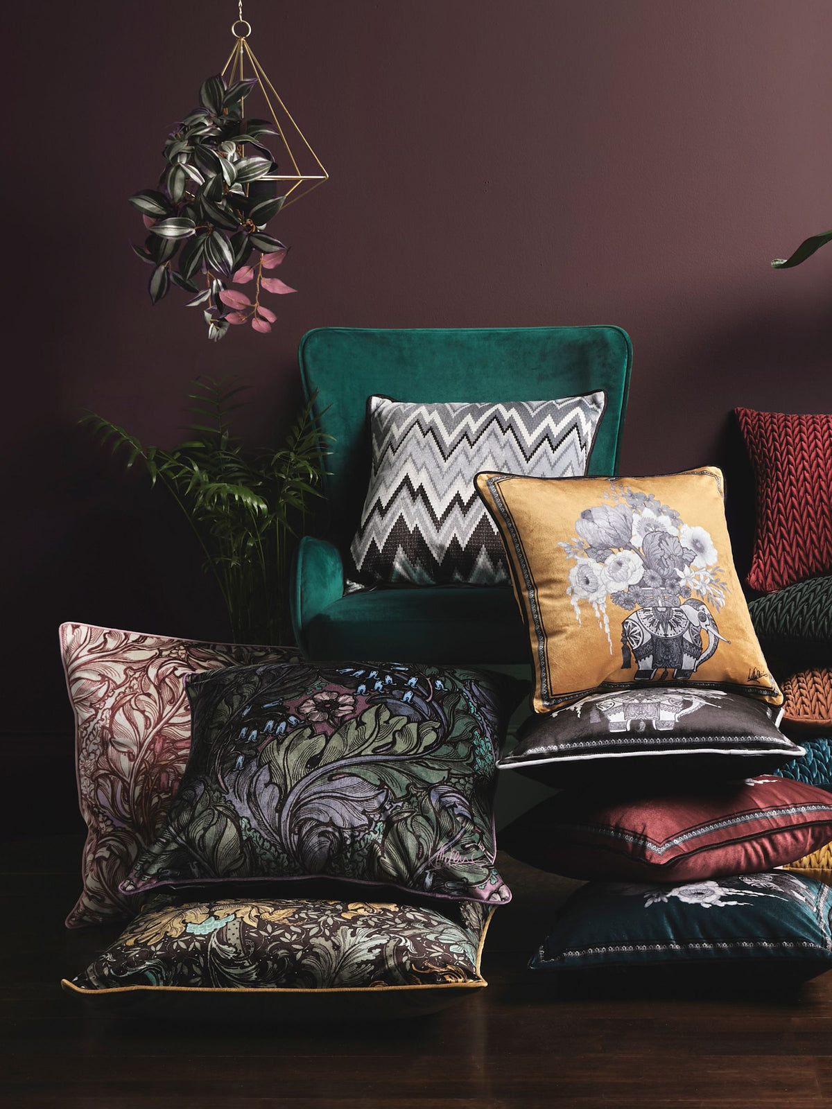 Laurence Llewelyn-Bowen green rambleicious velvet cushion 55cm, imported from the UK