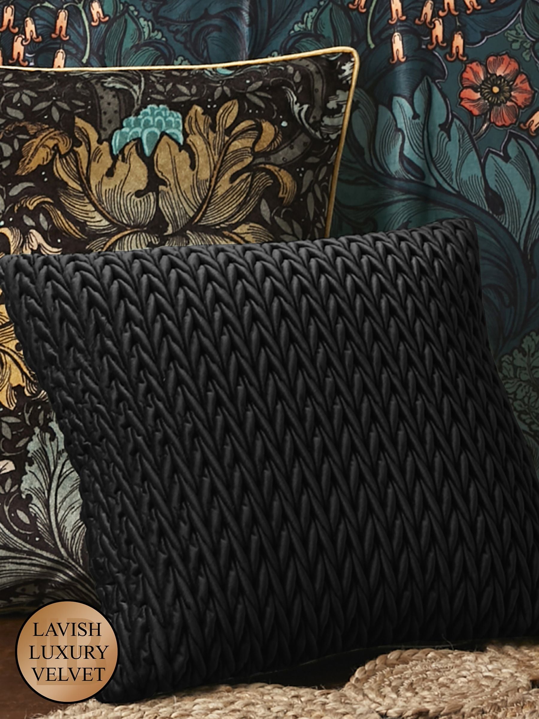 Laurence Llewelyn-Bowen black velvet cushion 43cm, imported from the UK