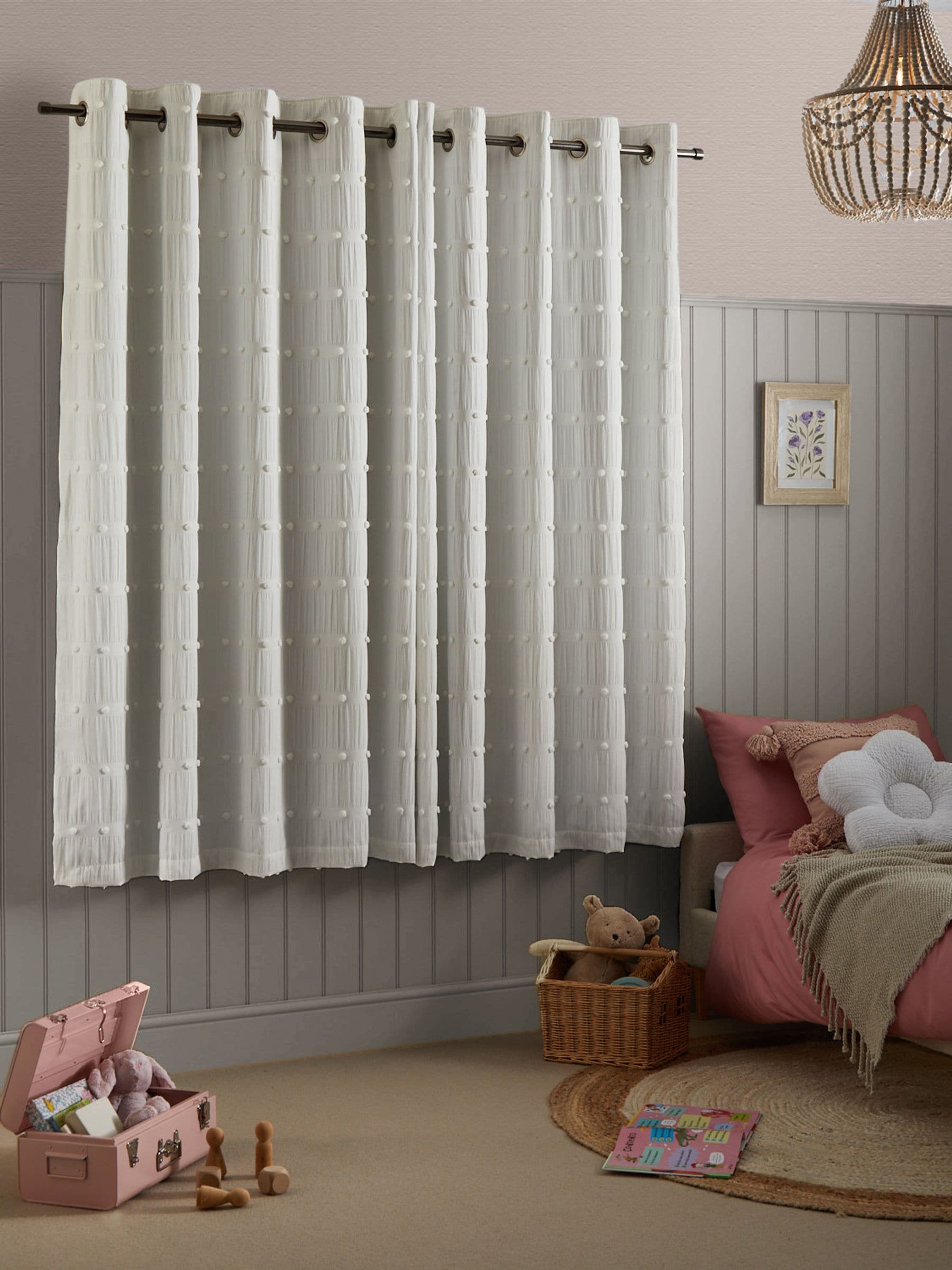 White bobble blackout curtains with eyelet fixture, UK version