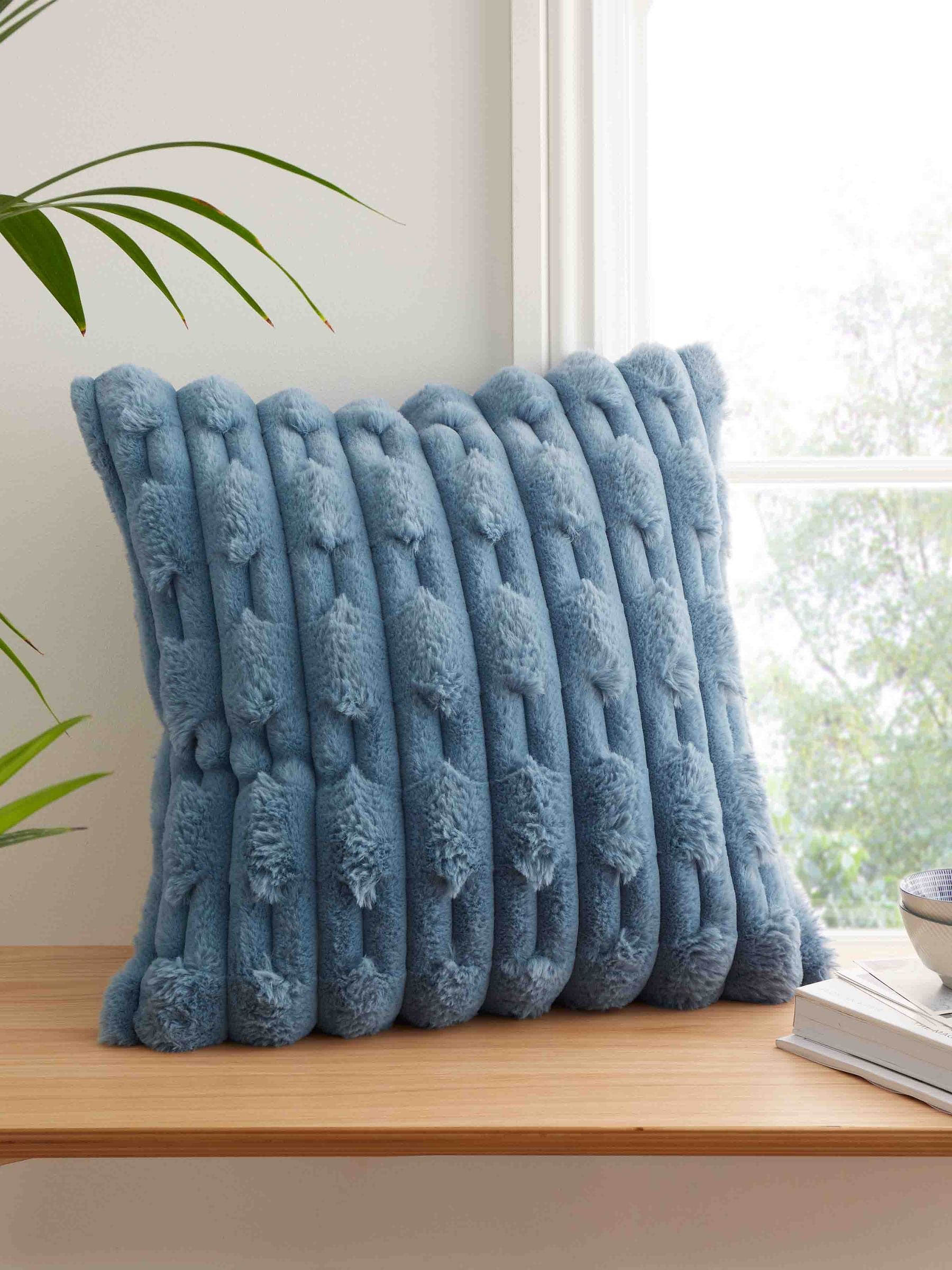 Blue Soft and Cosy Carved Faux Fur Cushion