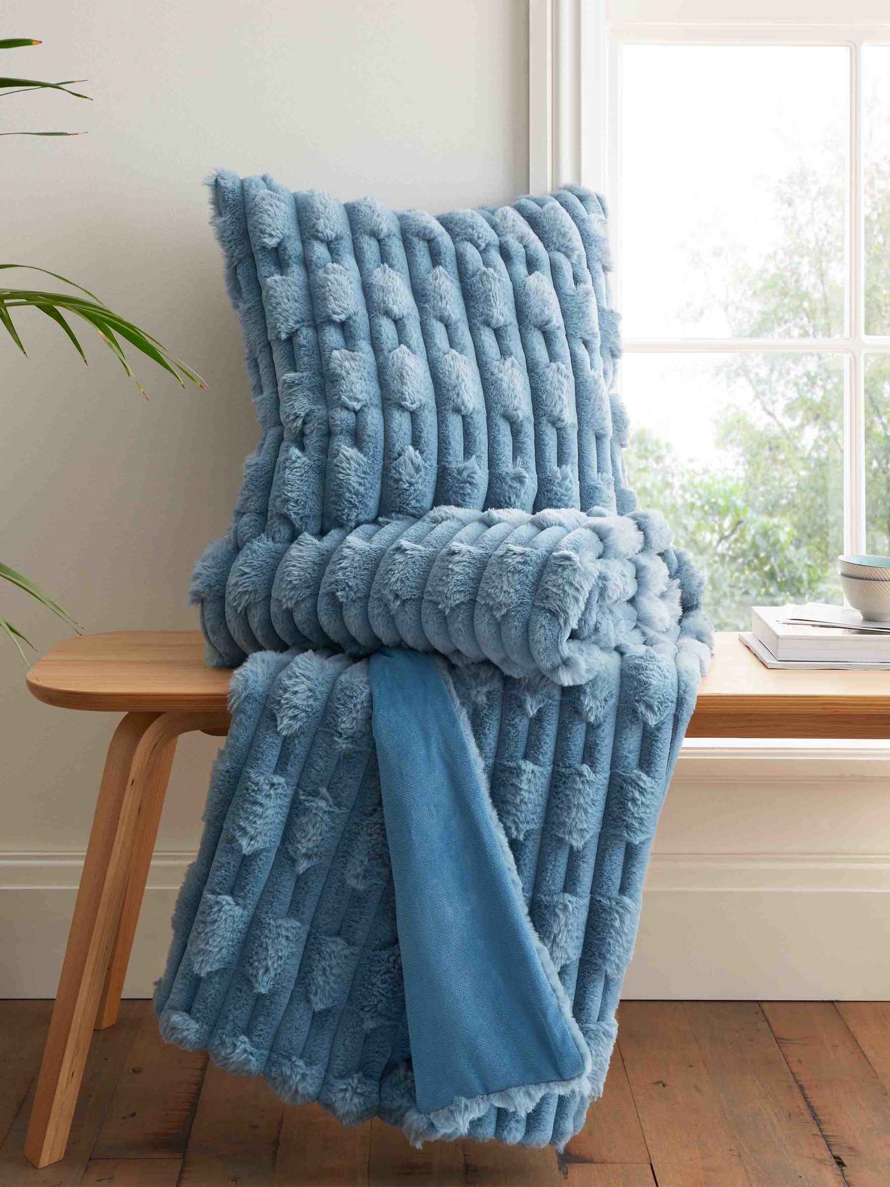 Blue Soft and Cosy Carved Faux Fur Cushion