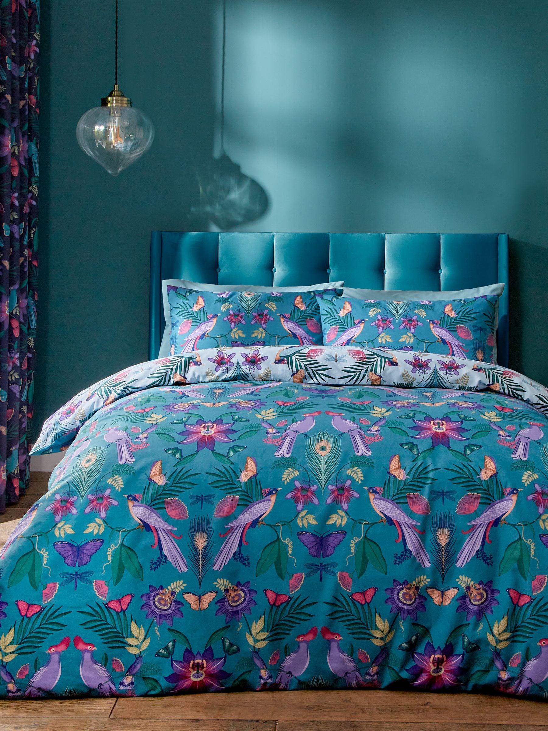 Catherine Lansfield teal blue Mya tropical floral reversible duvet cover set - British product
