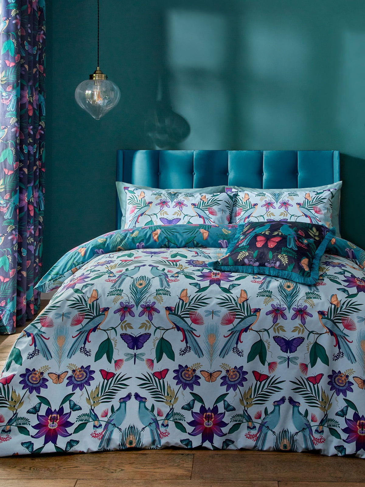 Catherine Lansfield teal blue Mya tropical floral reversible duvet cover set - British product