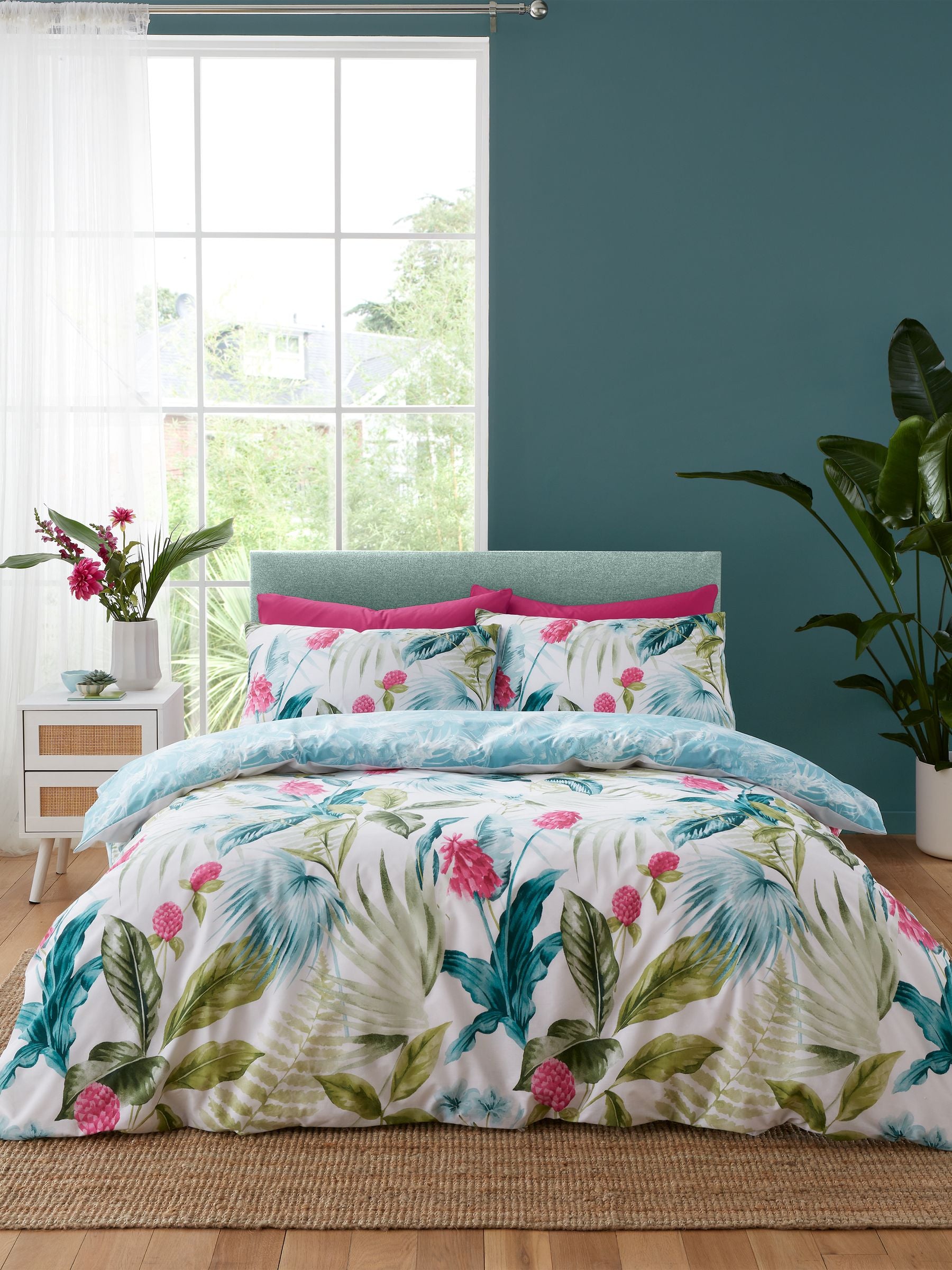 Catherine Lansfield green Aruba tropical floral reversible duvet cover set - British product