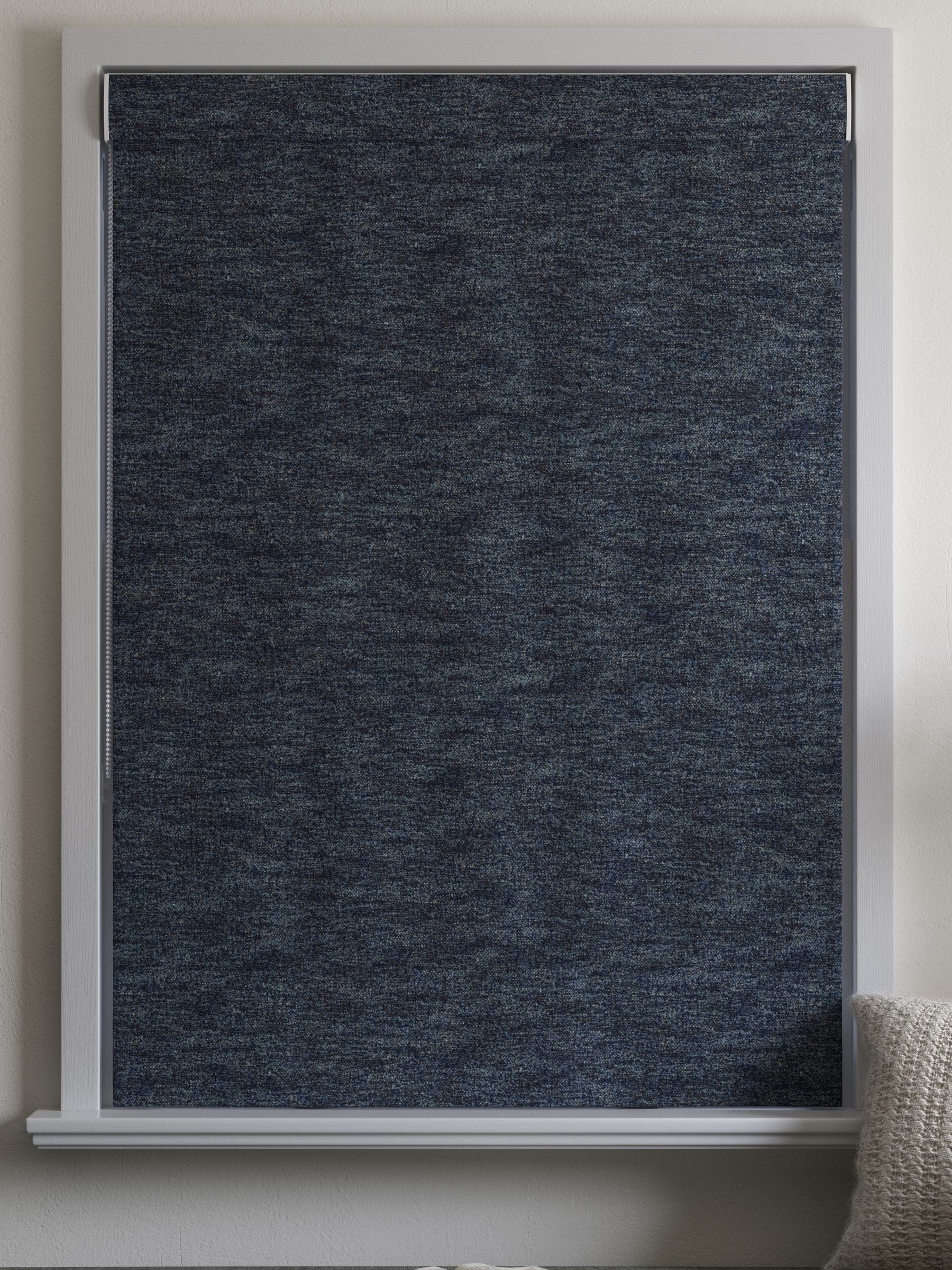 Navy blue boucle roman blind, imported from the UK