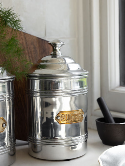 Boîte de conservation en métal argenté vintage pour sucre avec couvercle à tirer