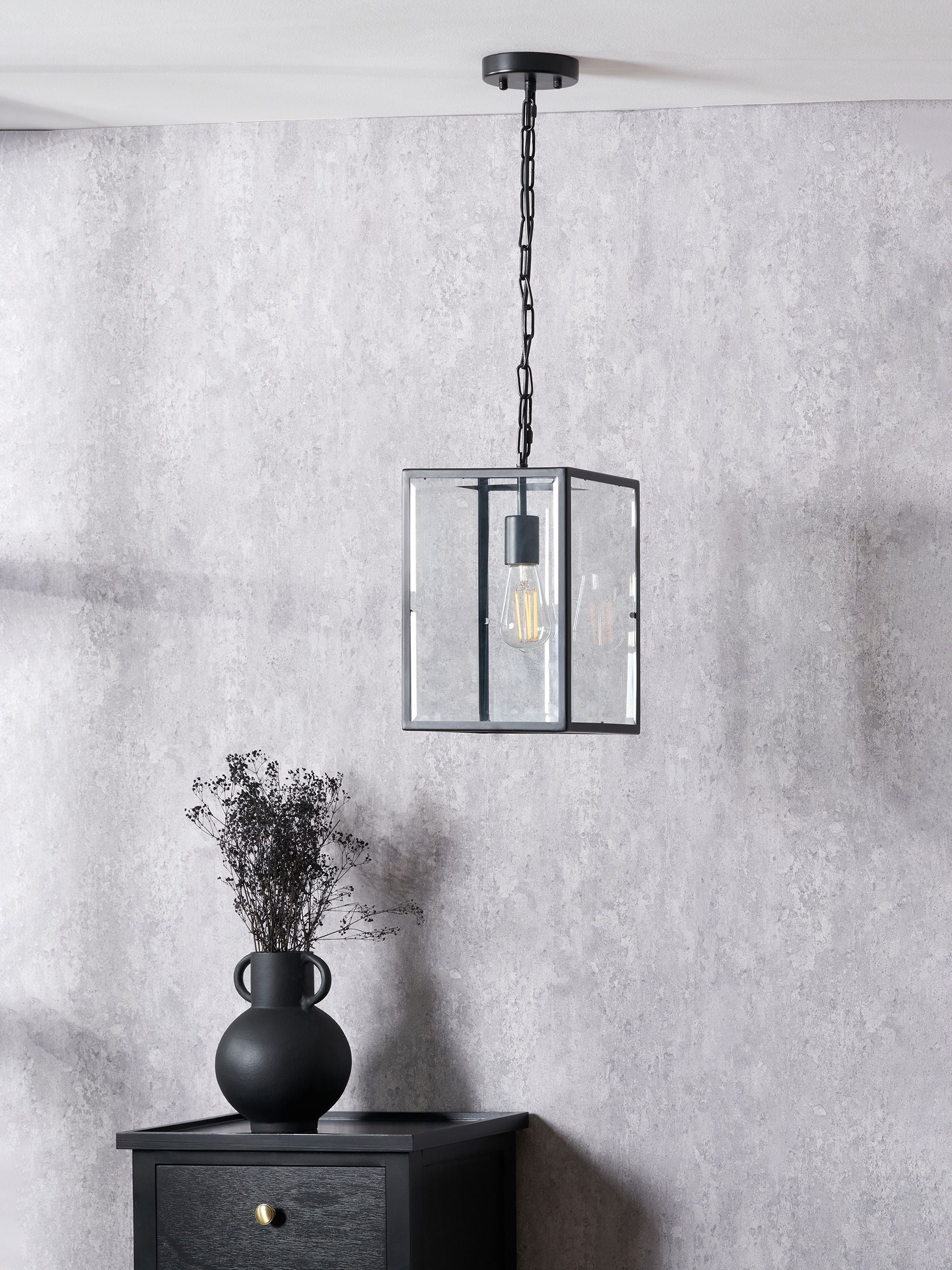 Pacific Llewellyn pendant light matt black metal and glass - British product