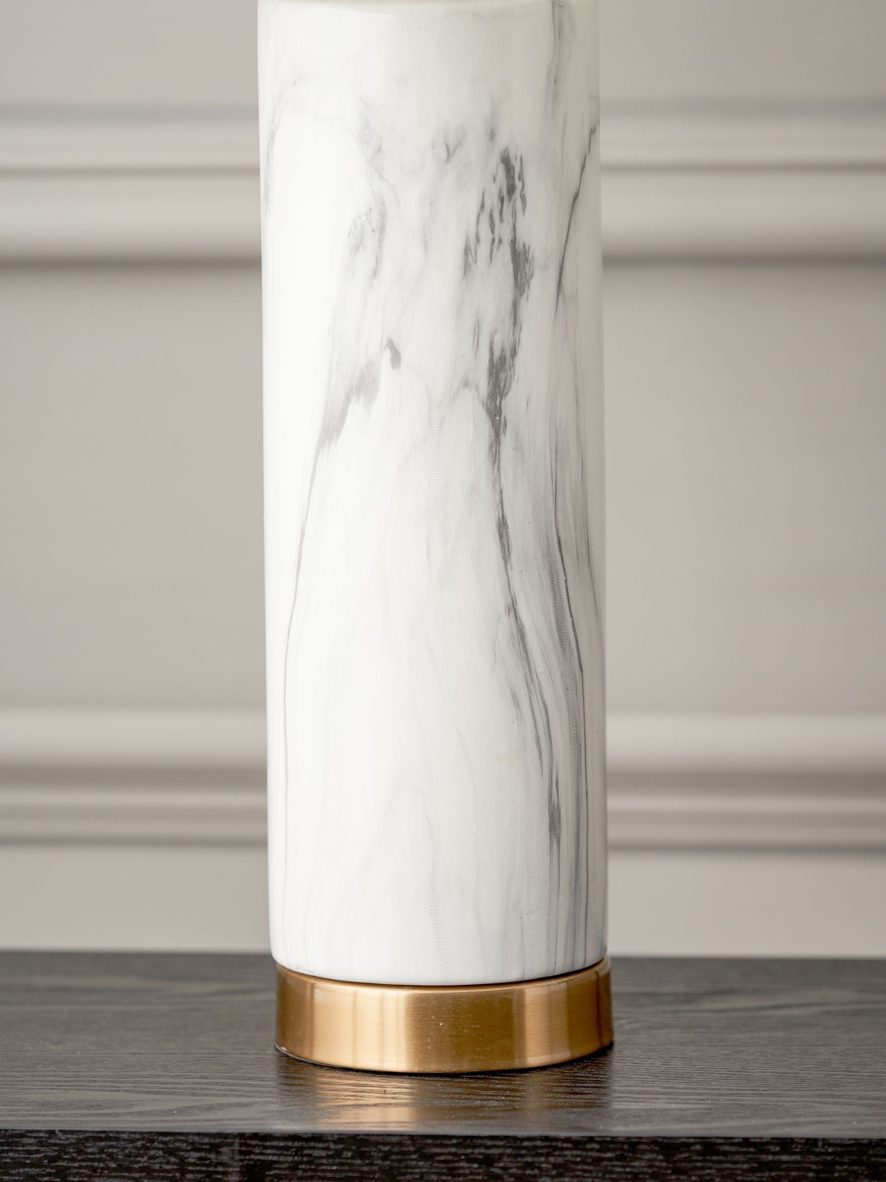 Pacific white Carrara marble effect ceramic tall table lamp, imported from the UK