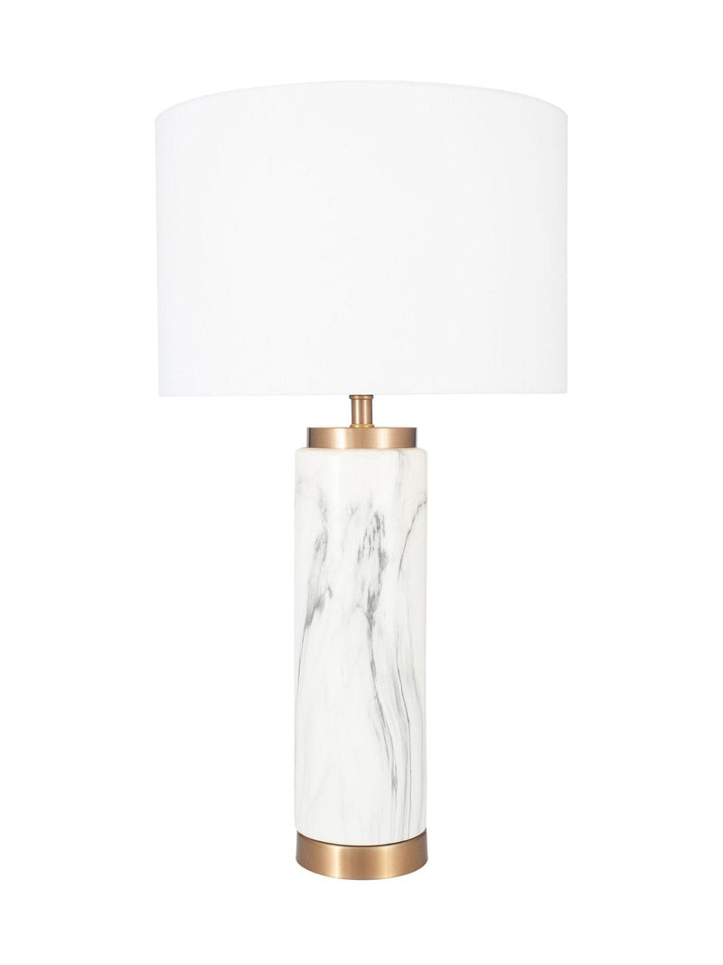 Pacific white Carrara marble effect ceramic tall table lamp, imported from the UK