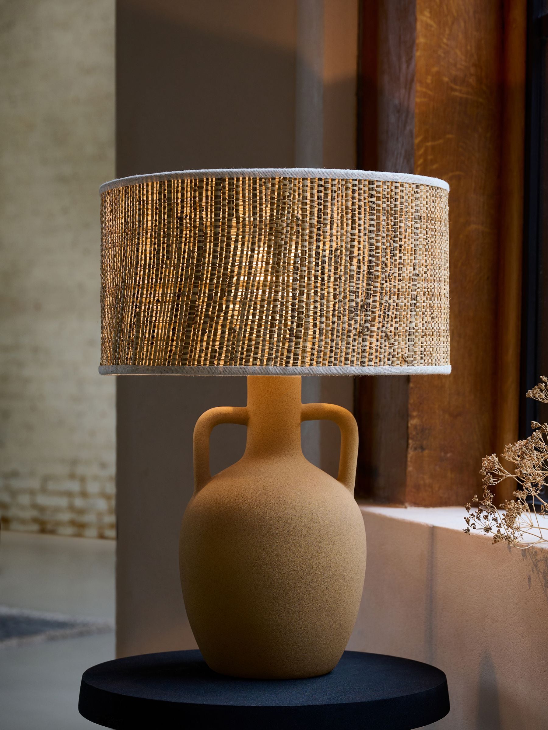 French Connection Chana terracotta table lamp seagrass shade, imported from the UK
