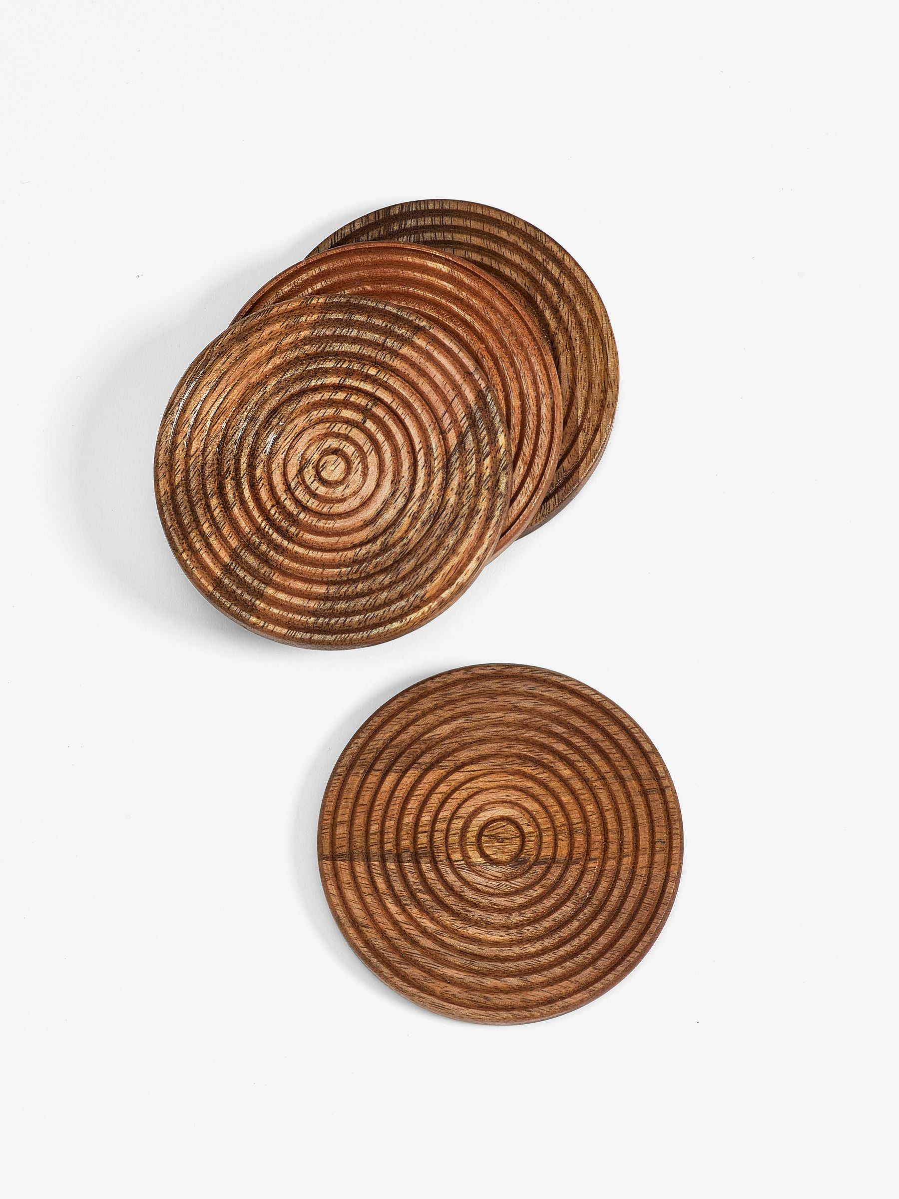 Set of 4 Natural Bronx etched wooden coasters, 10cm round (British brand)
