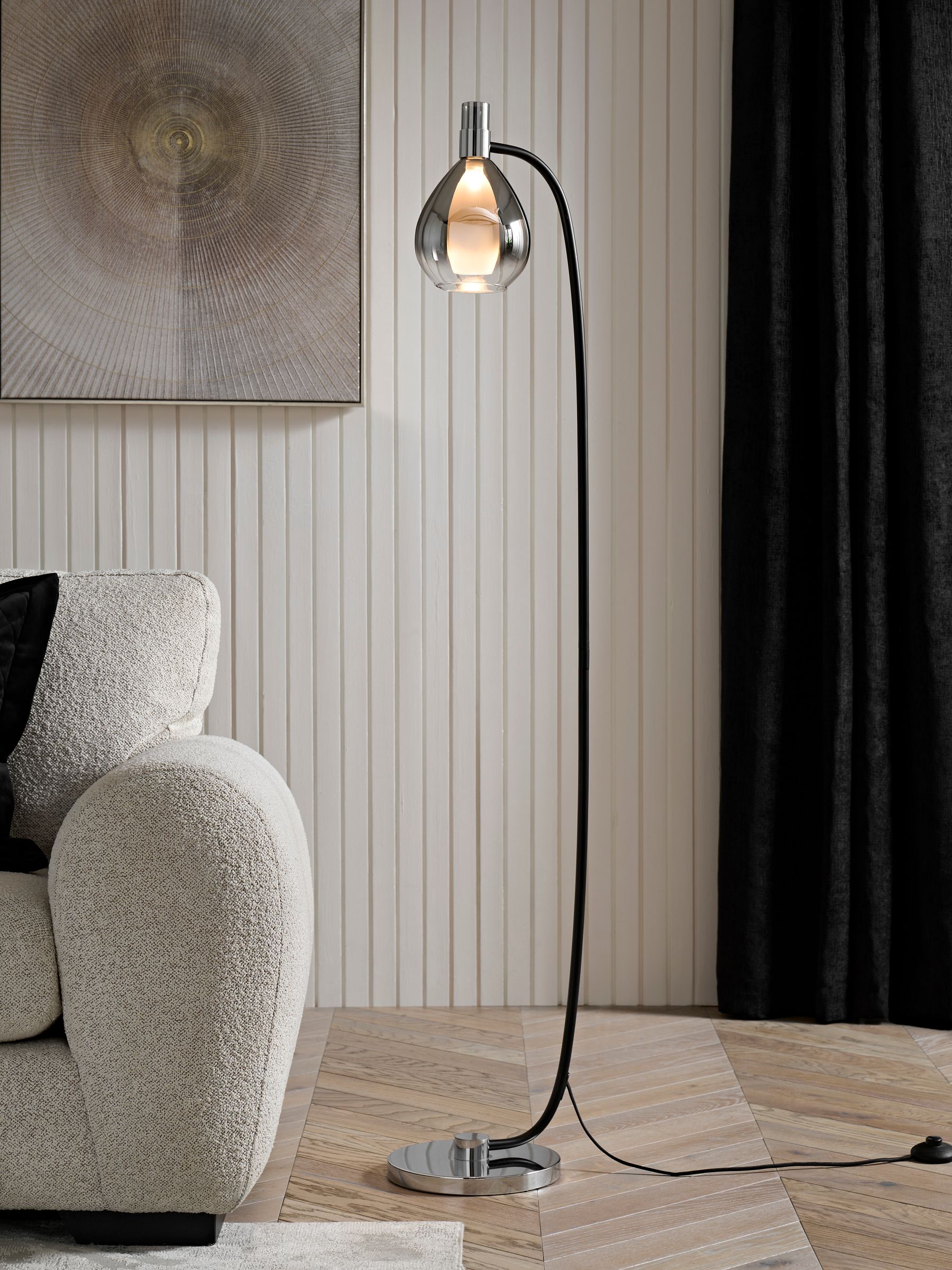 Carson black floor lamp with smoked glass shade, imported from the UK