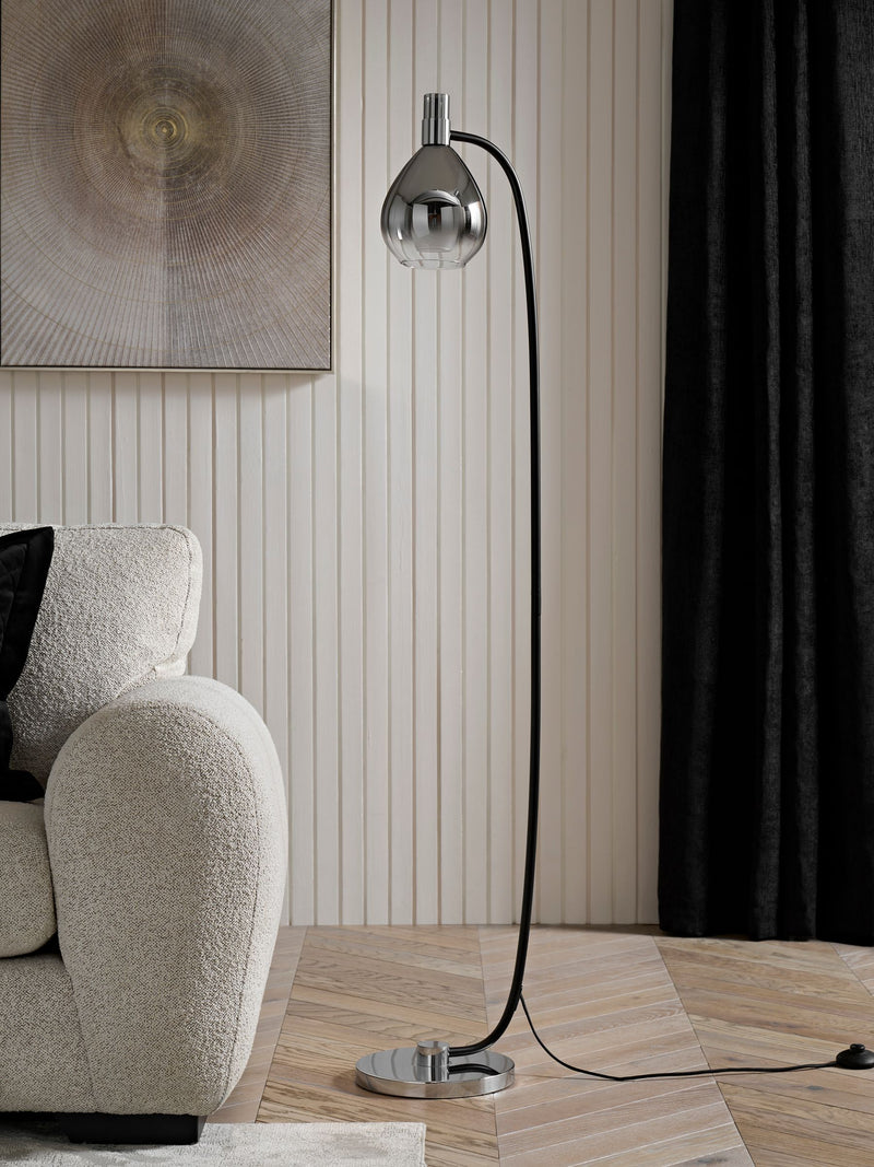 Carson black floor lamp with smoked glass shade, imported from the UK