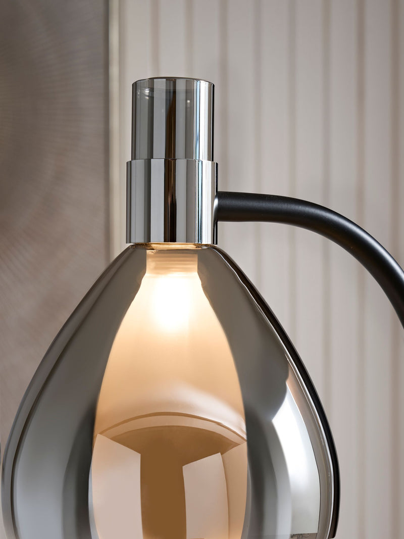Carson black floor lamp with smoked glass shade, imported from the UK