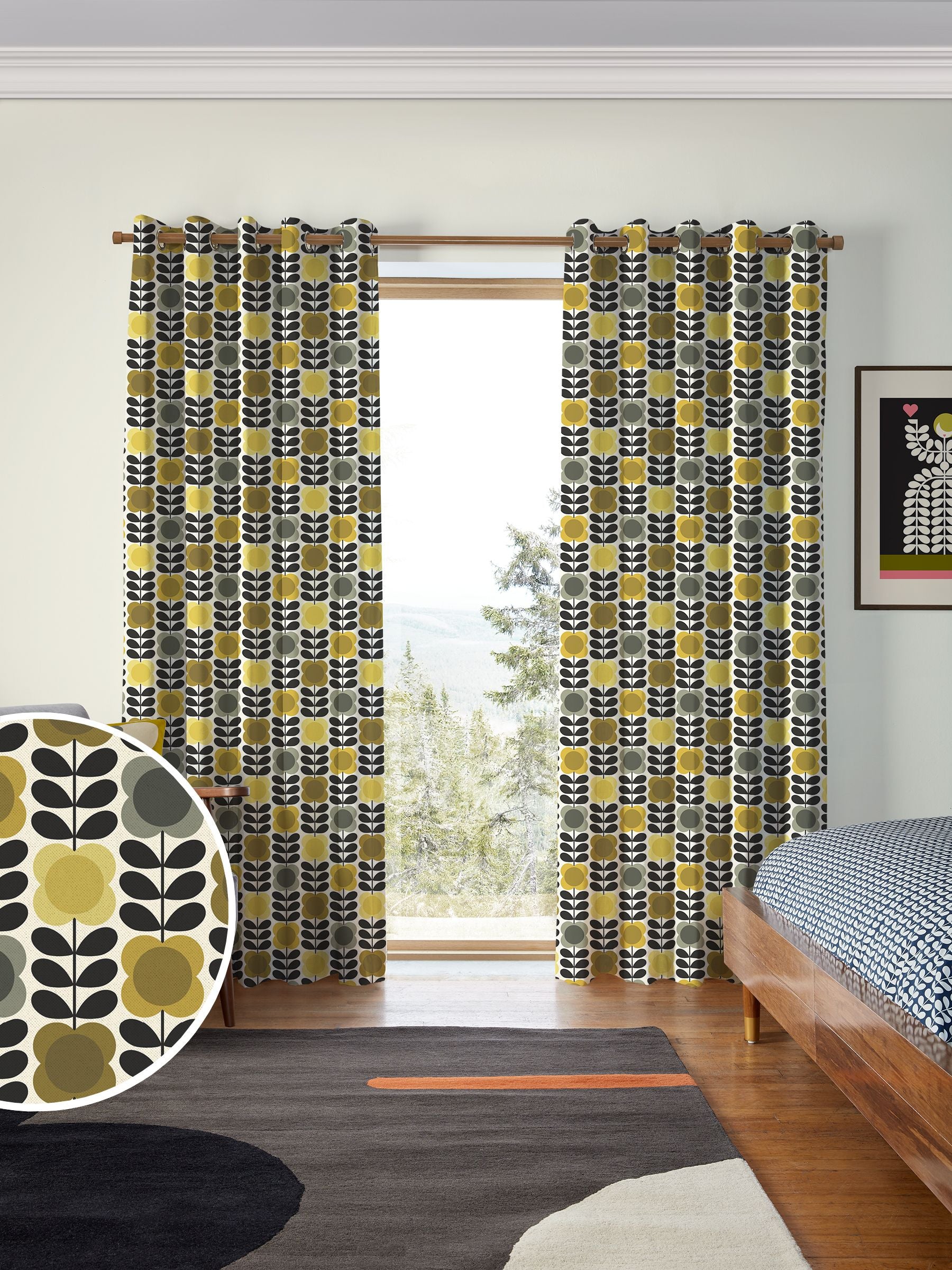 ستائر Orla Kiely بنقشة الزهرة باللونين الأصفر والرمادي مصممة حسب المقاس، نسخة المملكة المتحدة