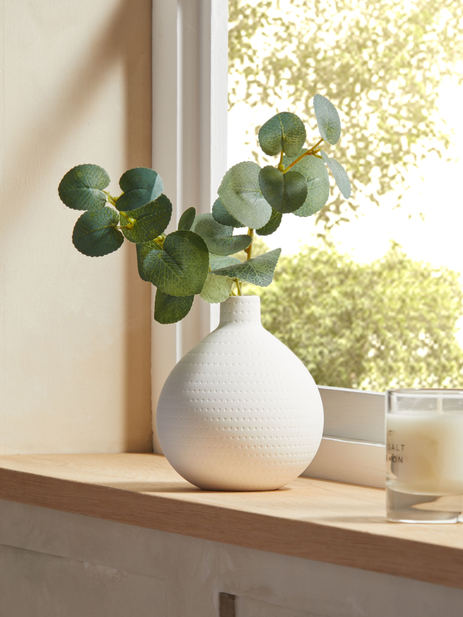 Artificial eucalyptus in white vase 25cm, UK version
