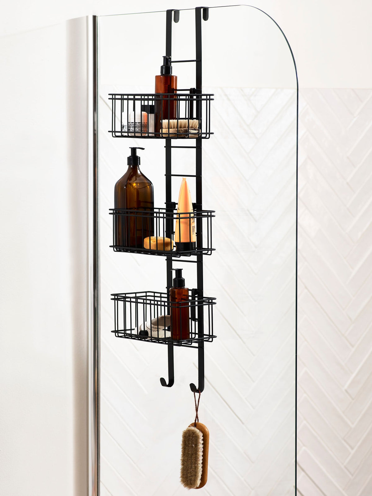 Black adjustable shelf shower caddy - British product