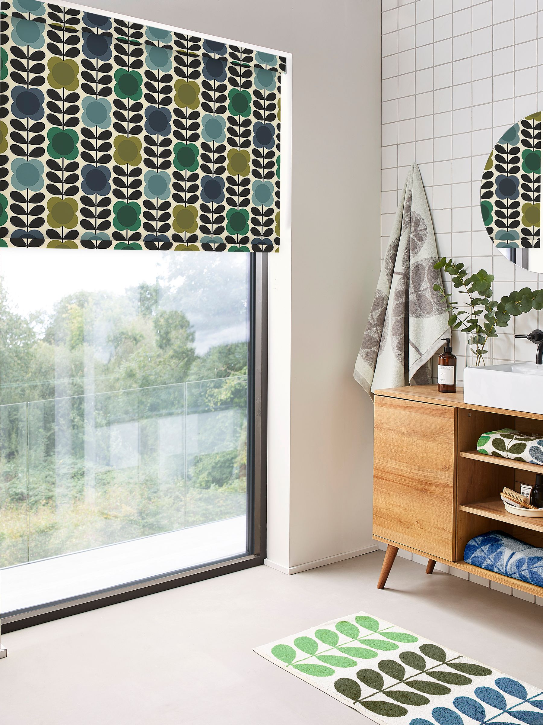 Orla Kiely blue green spot flower roller blind, imported from the UK