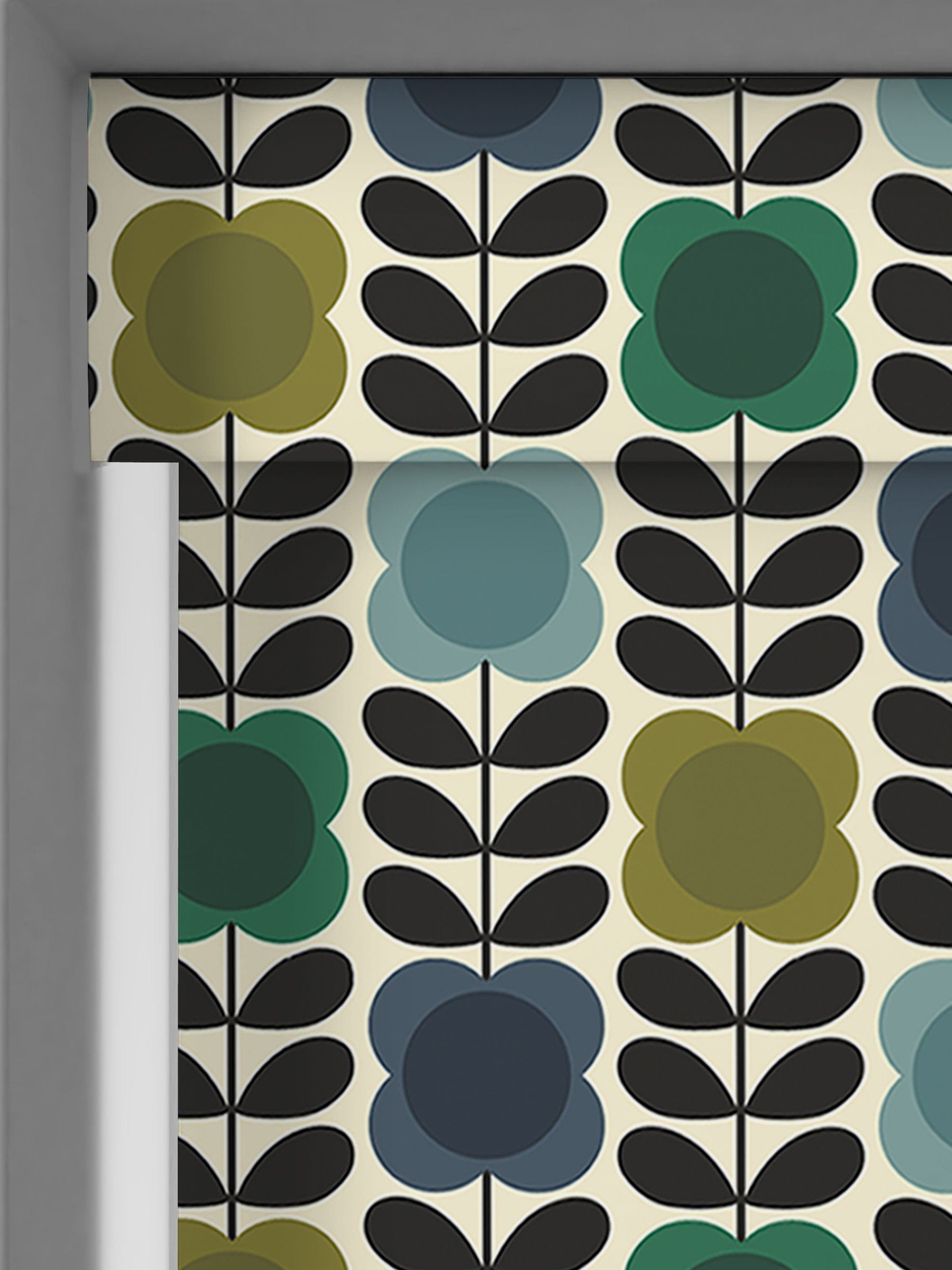 Orla Kiely blue green spot flower roller blind, imported from the UK