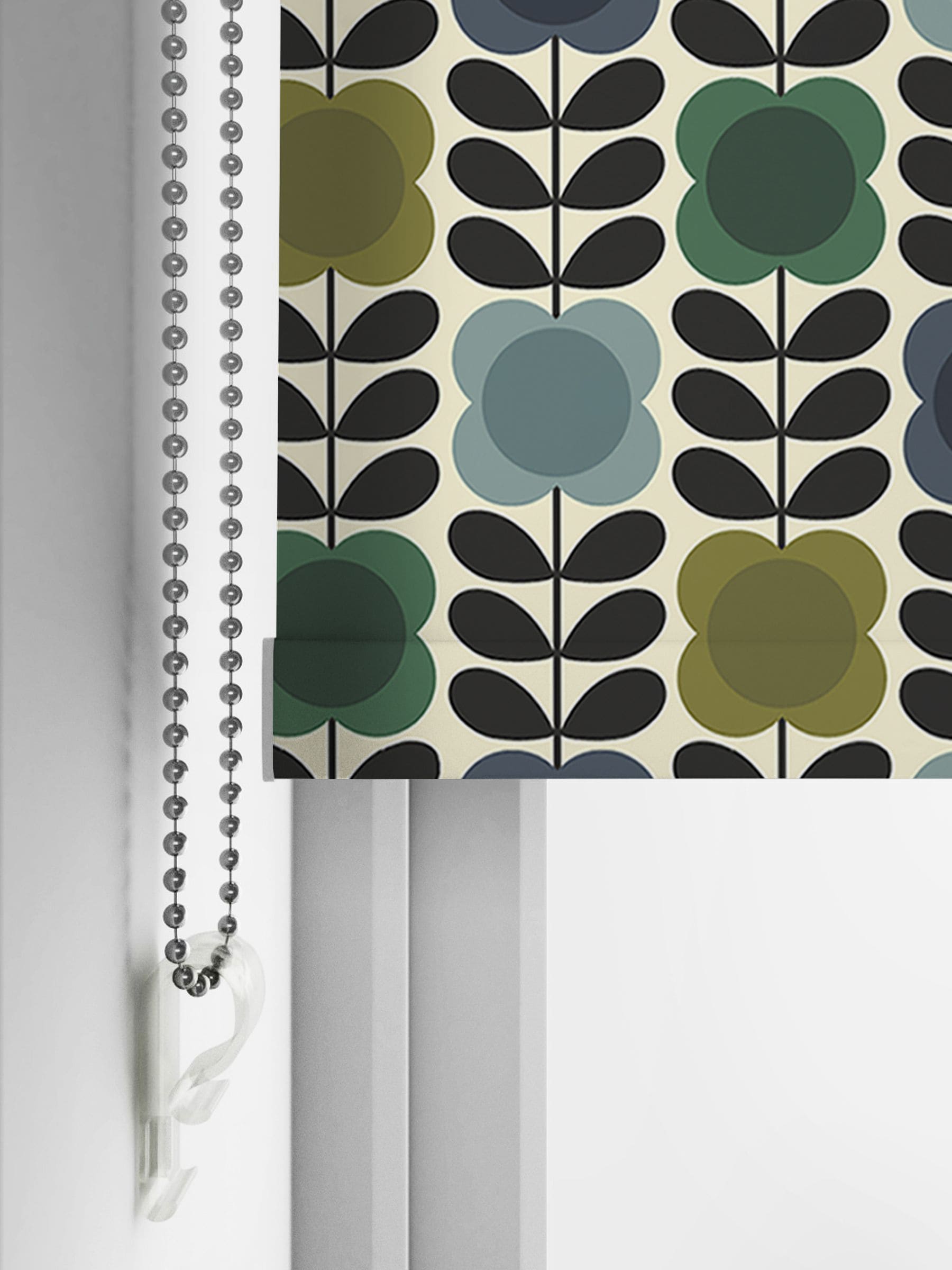 Orla Kiely blue green spot flower roller blind, imported from the UK