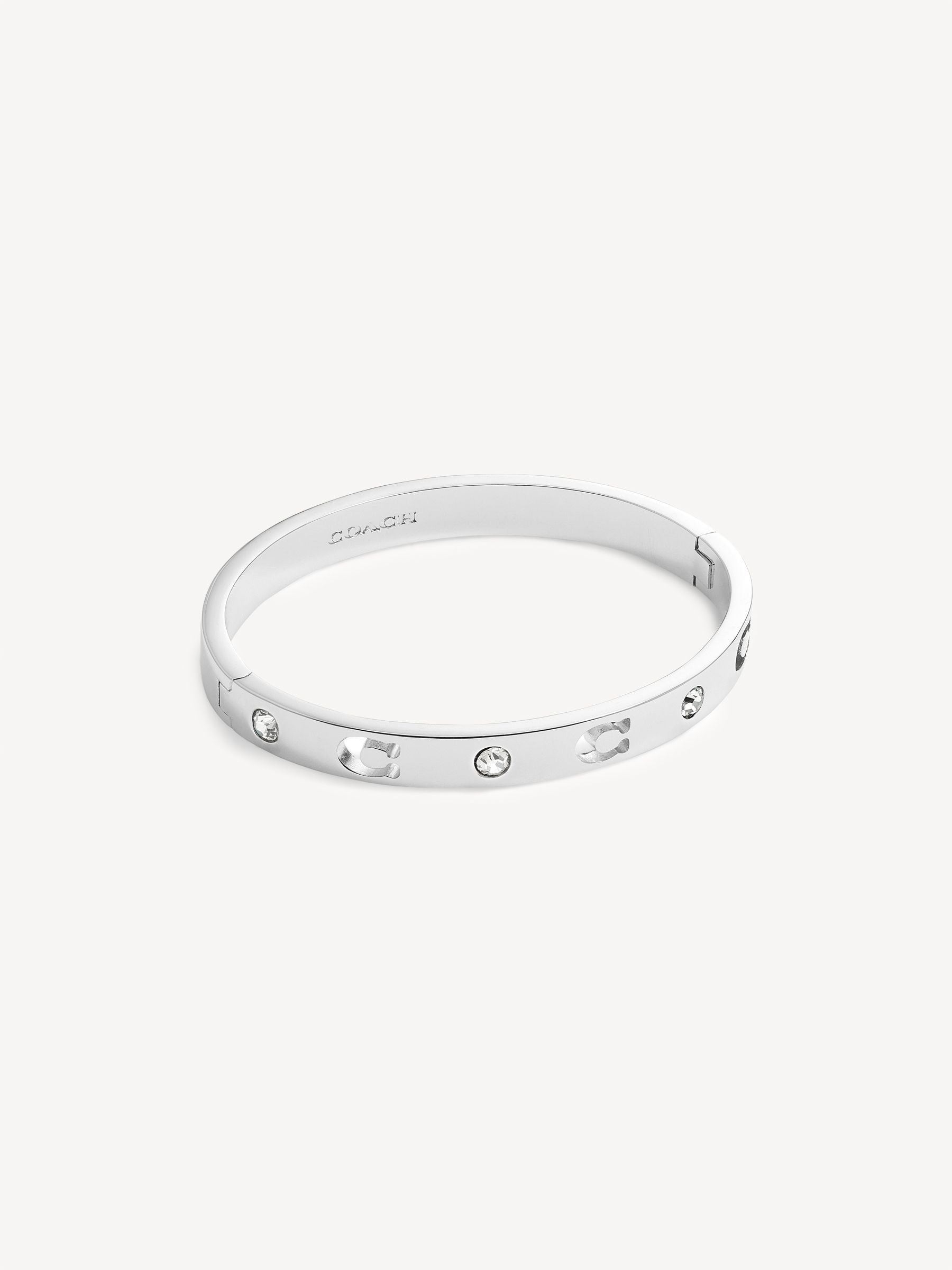 Hinged Bangle Bracelet with Crystal Stones and Sculpted Cut-Outs