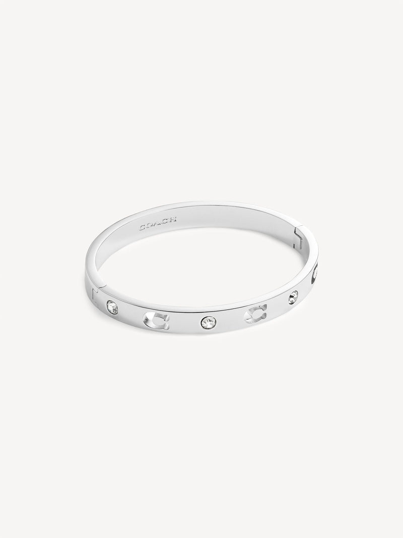 Hinged Bangle Bracelet with Crystal Stones and Sculpted Cut-Outs
