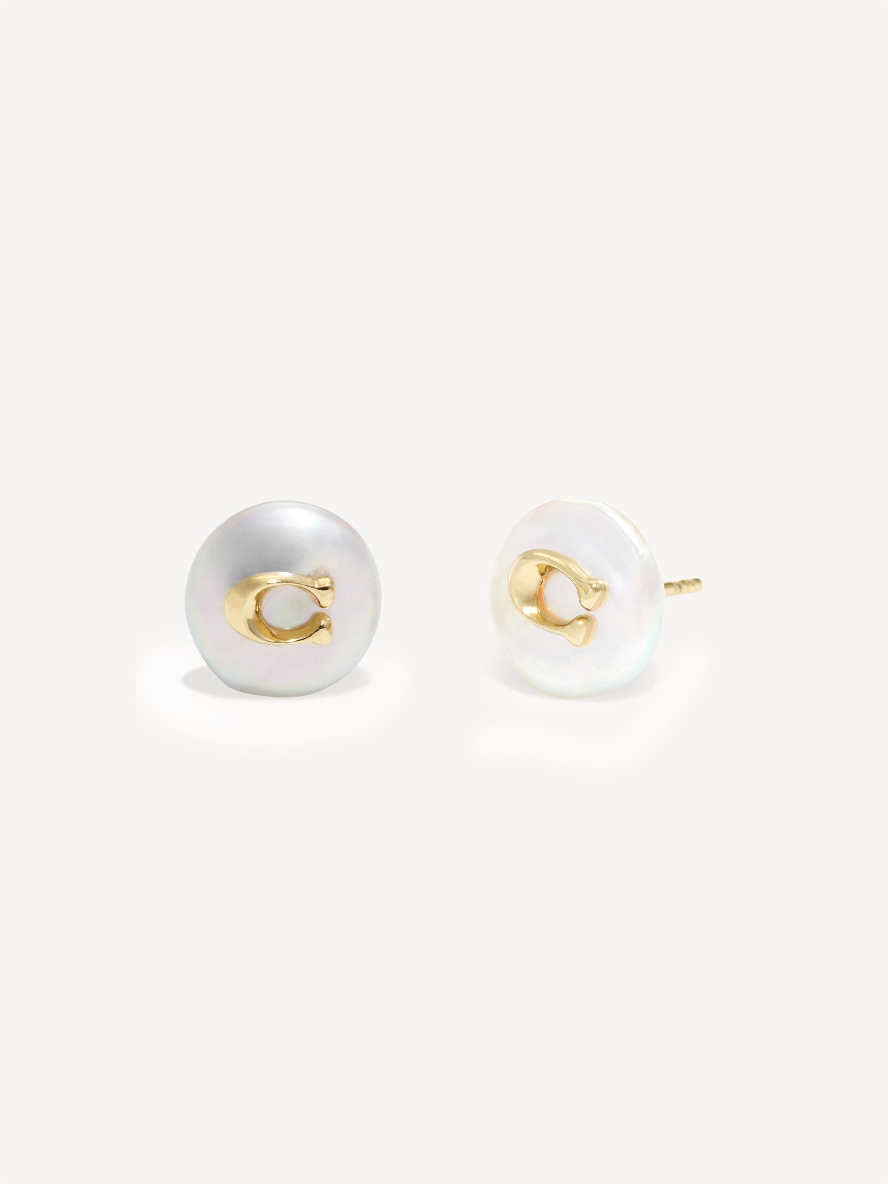 Freshwater Coin Pearl and Brass Stud Earrings