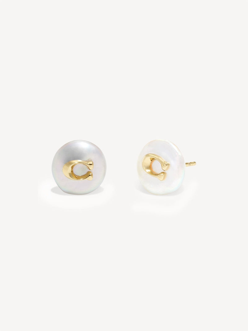 Freshwater Coin Pearl and Brass Stud Earrings