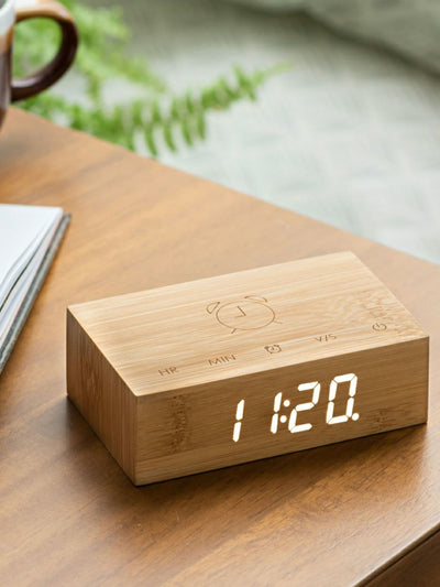 Next Natural Wood Flip Alarm Clock with Sound-Activated LED and Touch Controls- Buy online at McGrocer