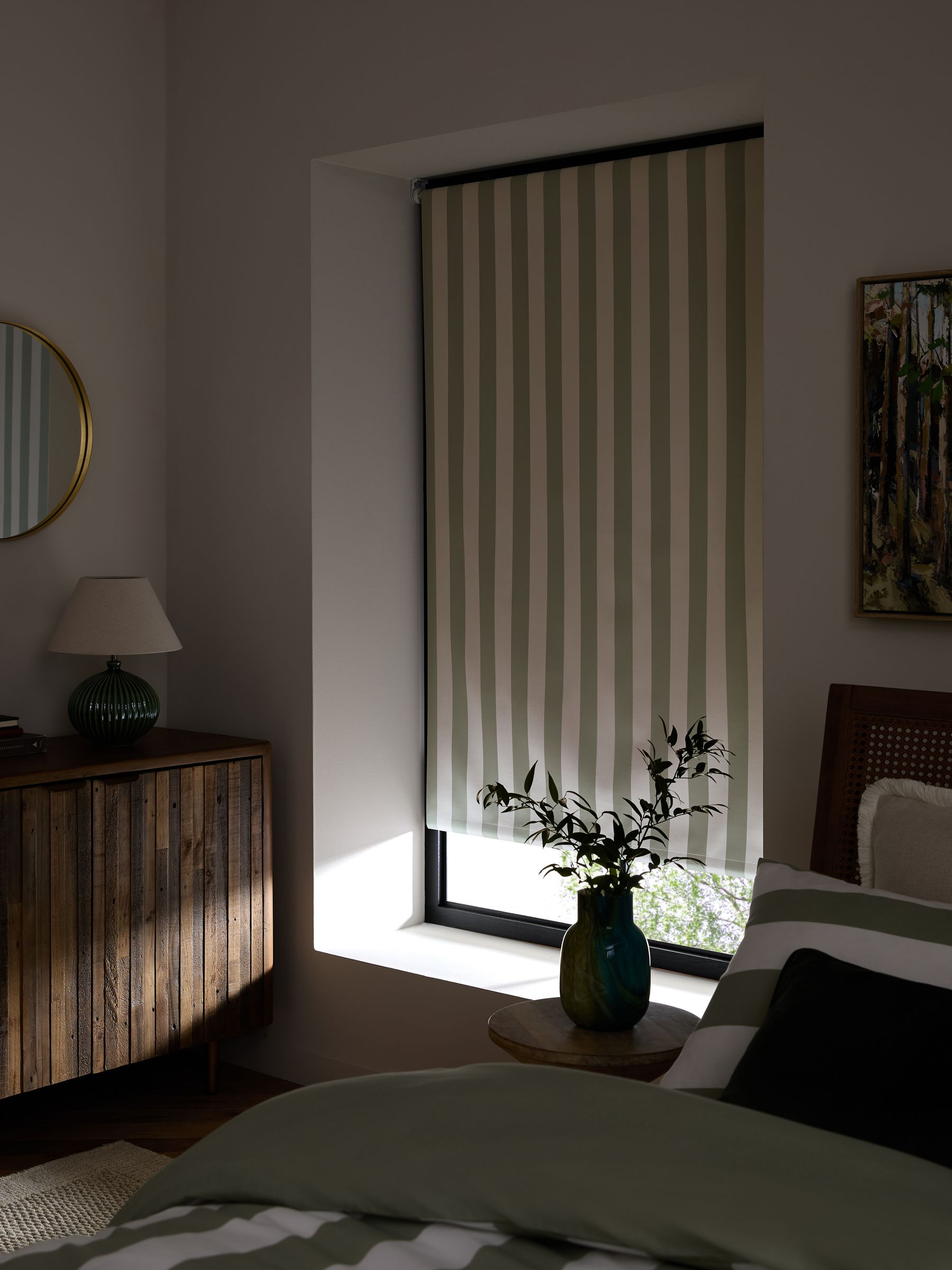 Green/white stripe blackout roller blind, ready made (British brand)