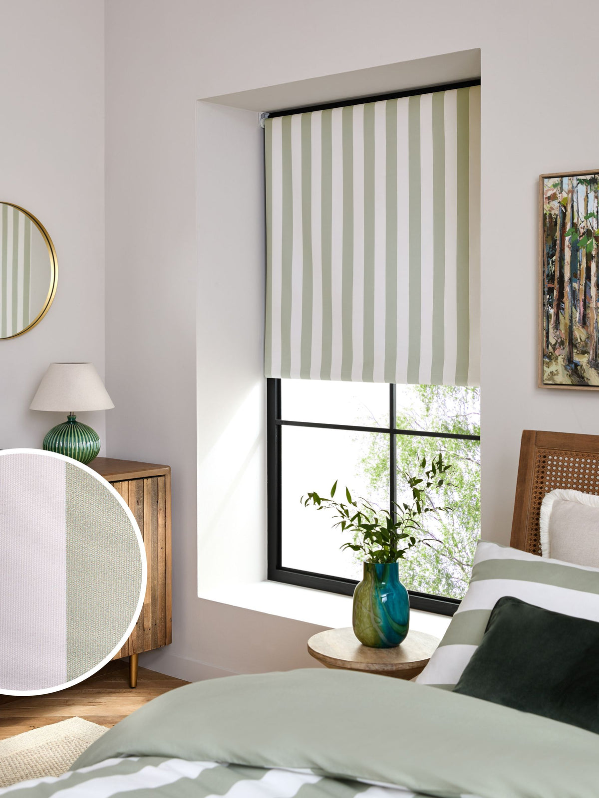 Green/white stripe blackout roller blind, ready made (British brand)