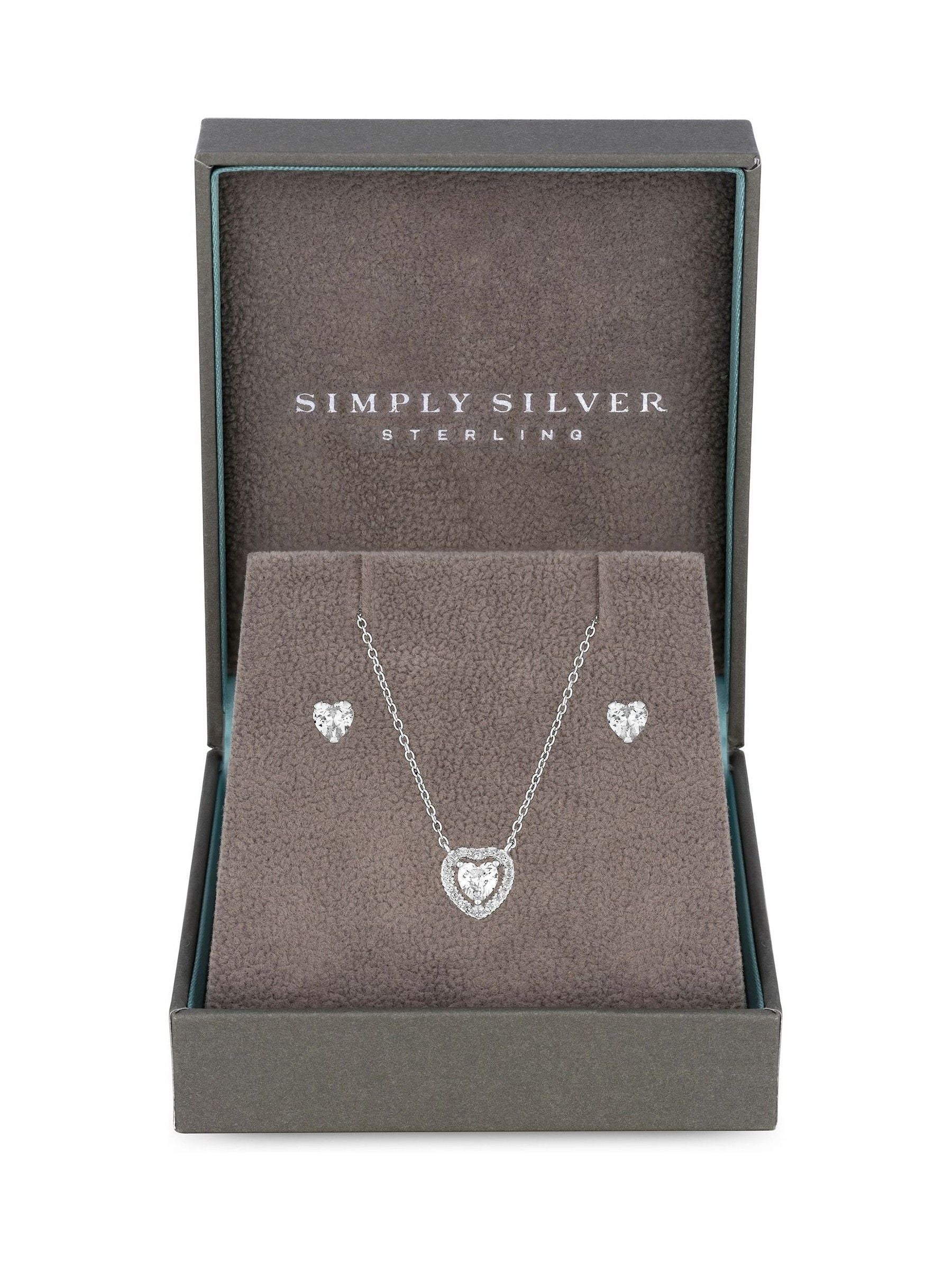 Sterling Silver Cubic Zirconia Halo Heart Earrings and Pendant Set - Gift Boxed