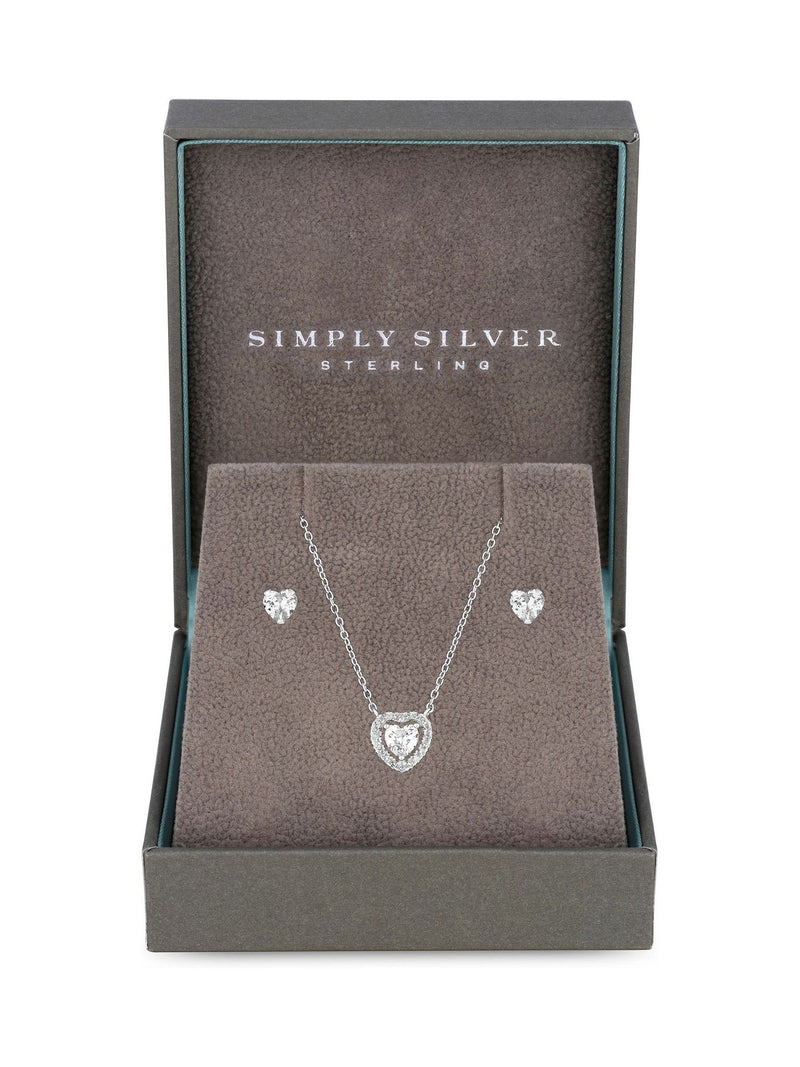 Sterling Silver Cubic Zirconia Halo Heart Earrings and Pendant Set - Gift Boxed