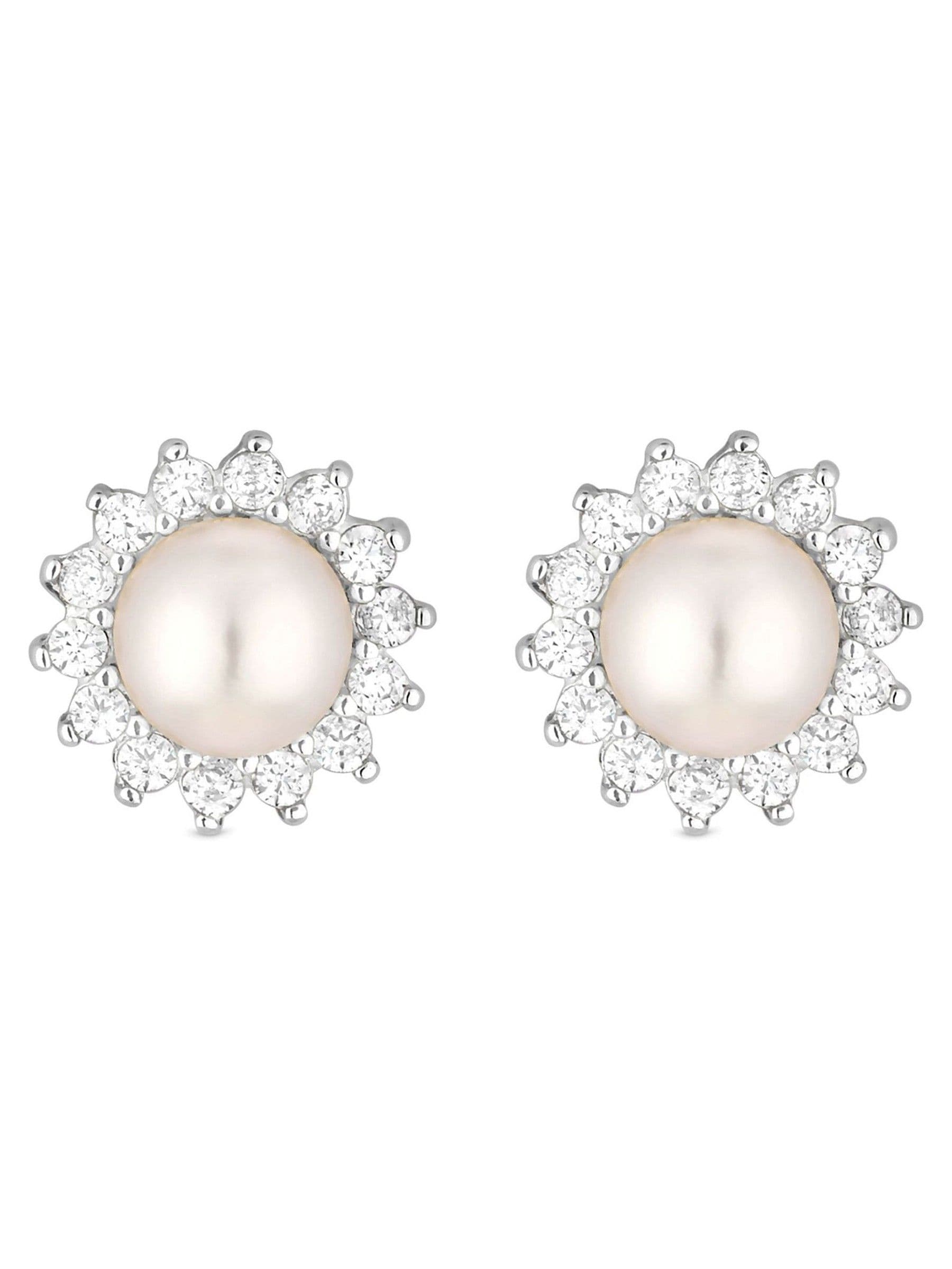 Simply Silver freshwater pearl and cubic zirconia halo stud earrings (British brand)