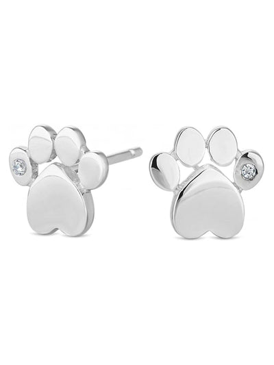 Silver Tone Paw Print Stud Earrings with Cubic Zirconia Stone