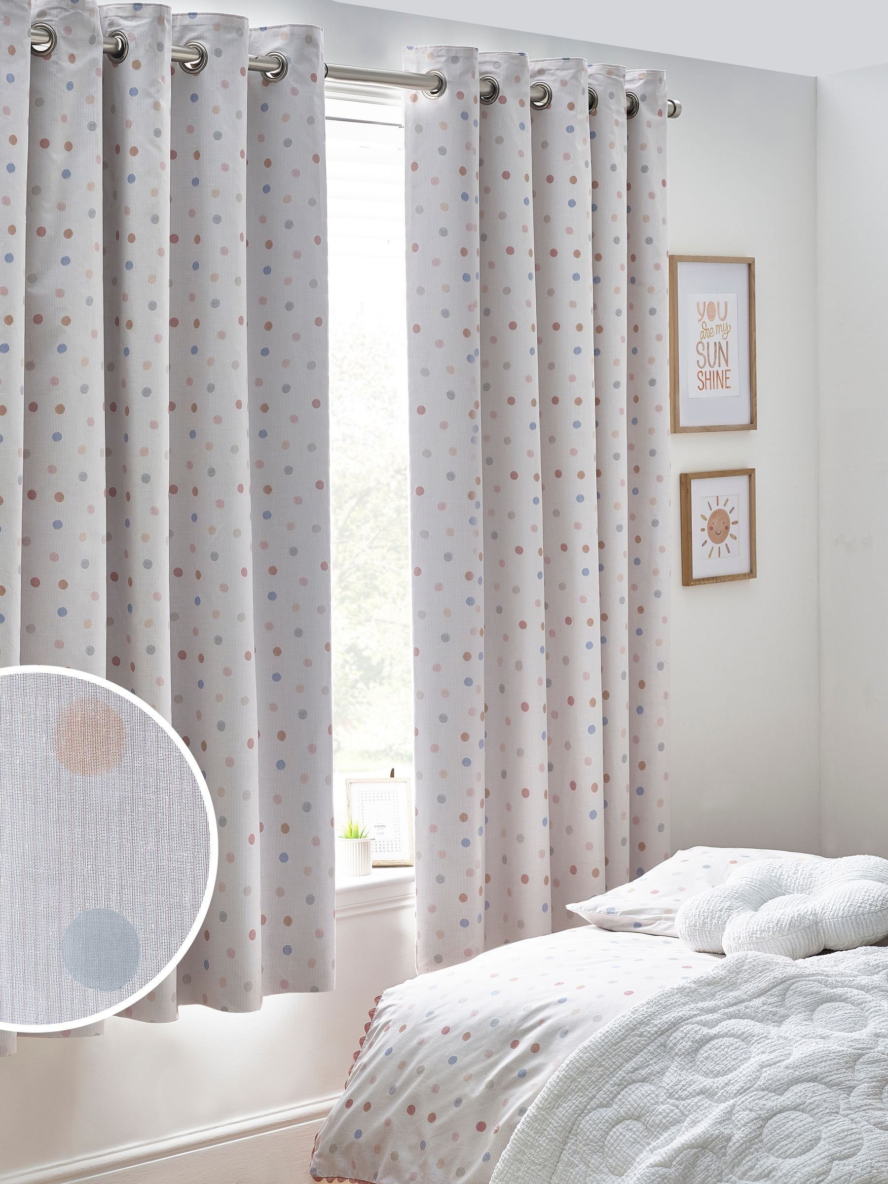 Pink Scandi Spot eyelet blackout curtains (British brand)