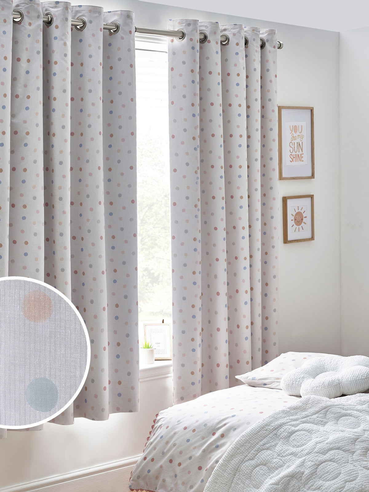 Pink Scandi Spot eyelet blackout curtains (British brand)