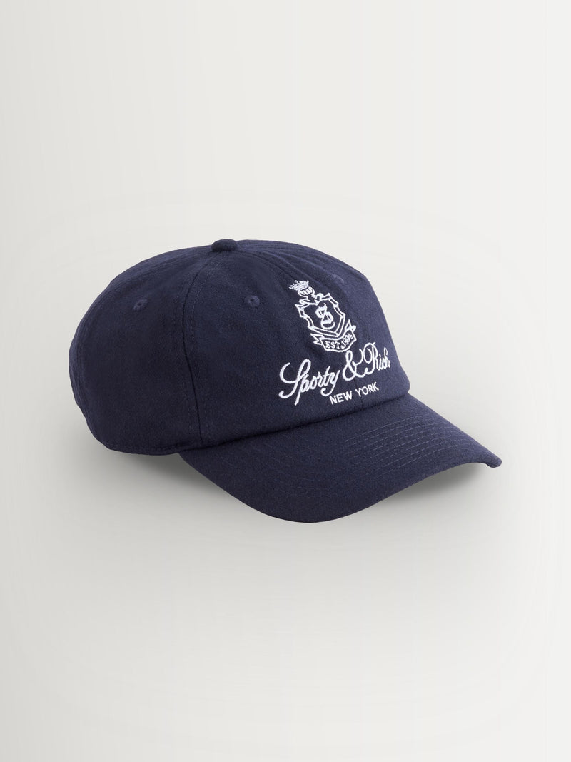 Sporty & Rich navy Vendome wool hat, imported from the UK