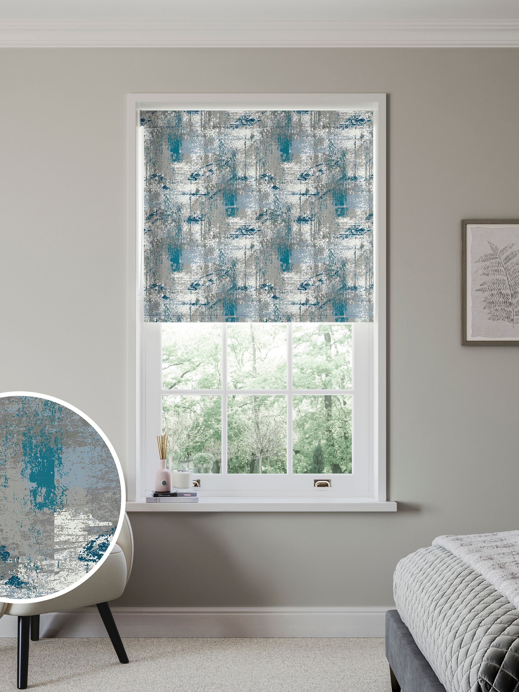 Next teal printed texture roller blind made to measure (British brand)