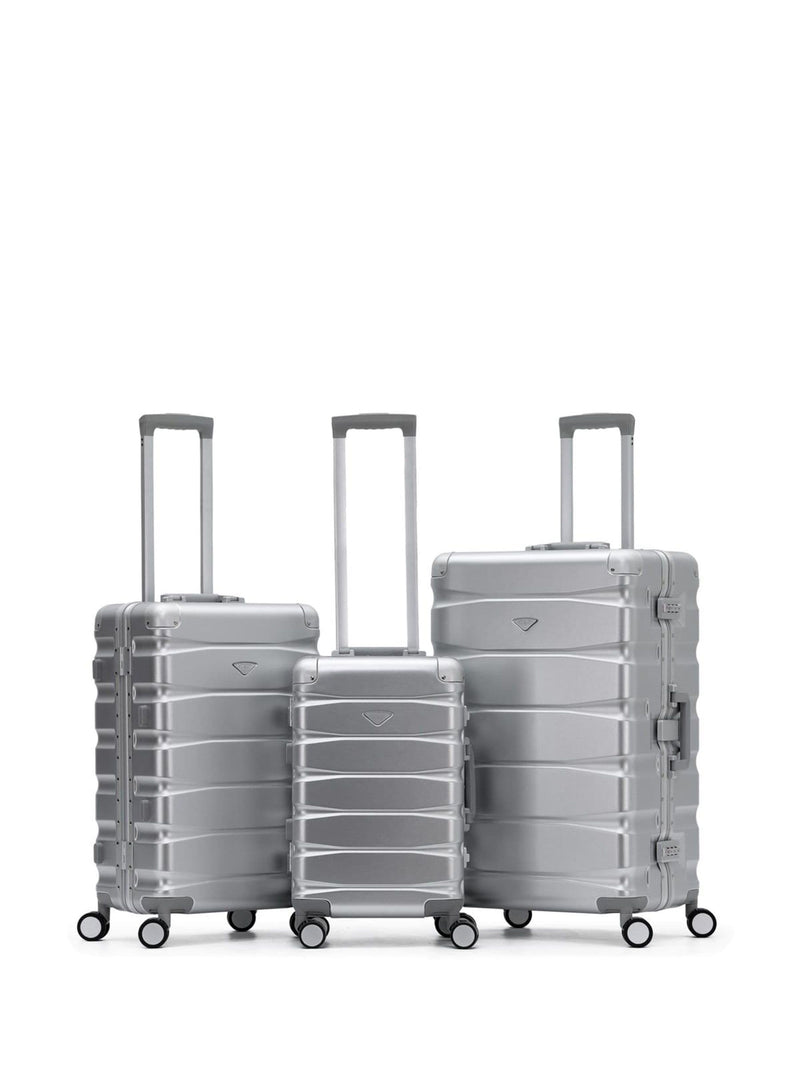 Flight Knight silver suitcase set with 8 wheels, aluminium frame - British product