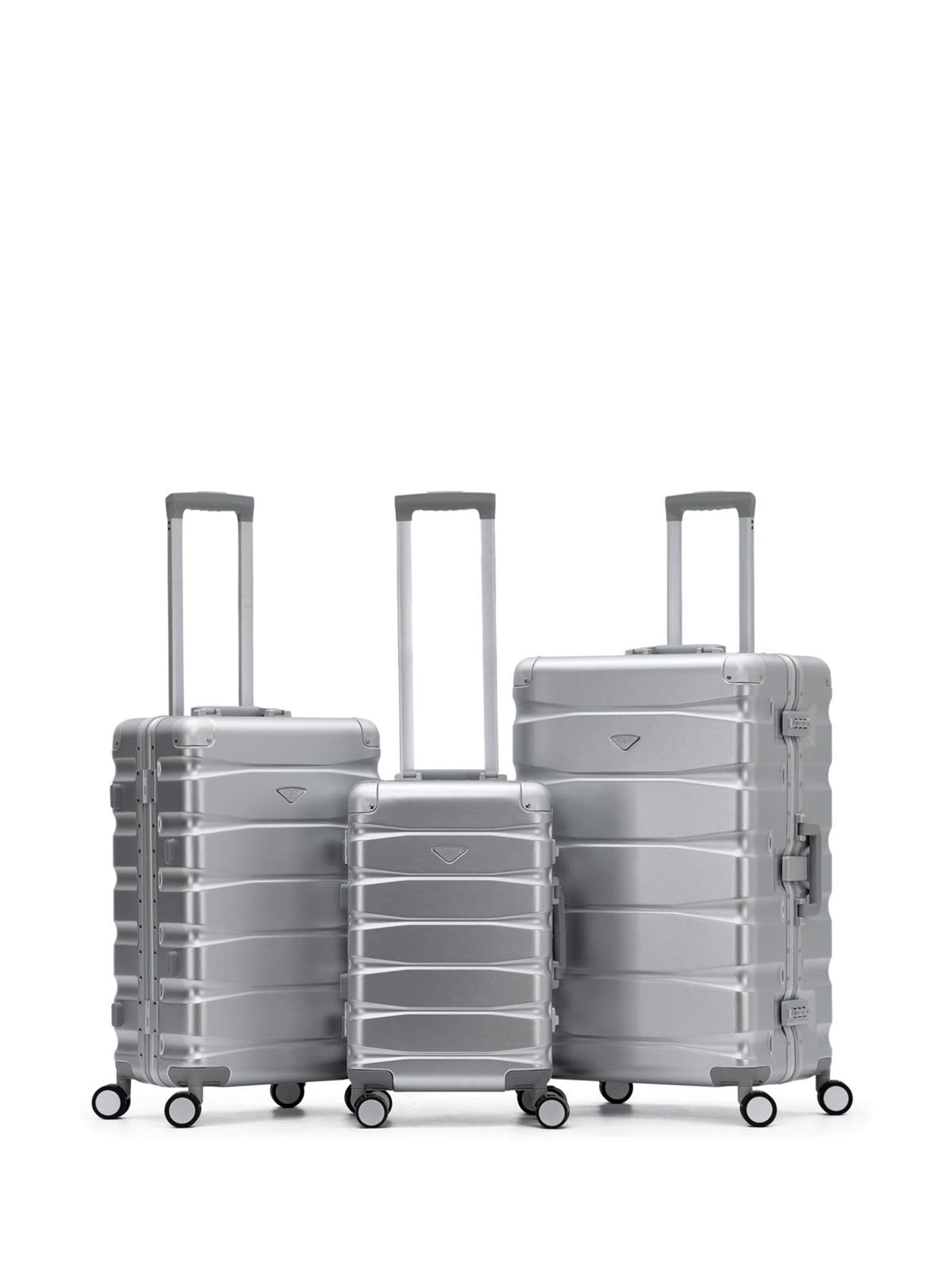 Flight Knight silver suitcase set with 8 wheels, aluminium frame - British product
