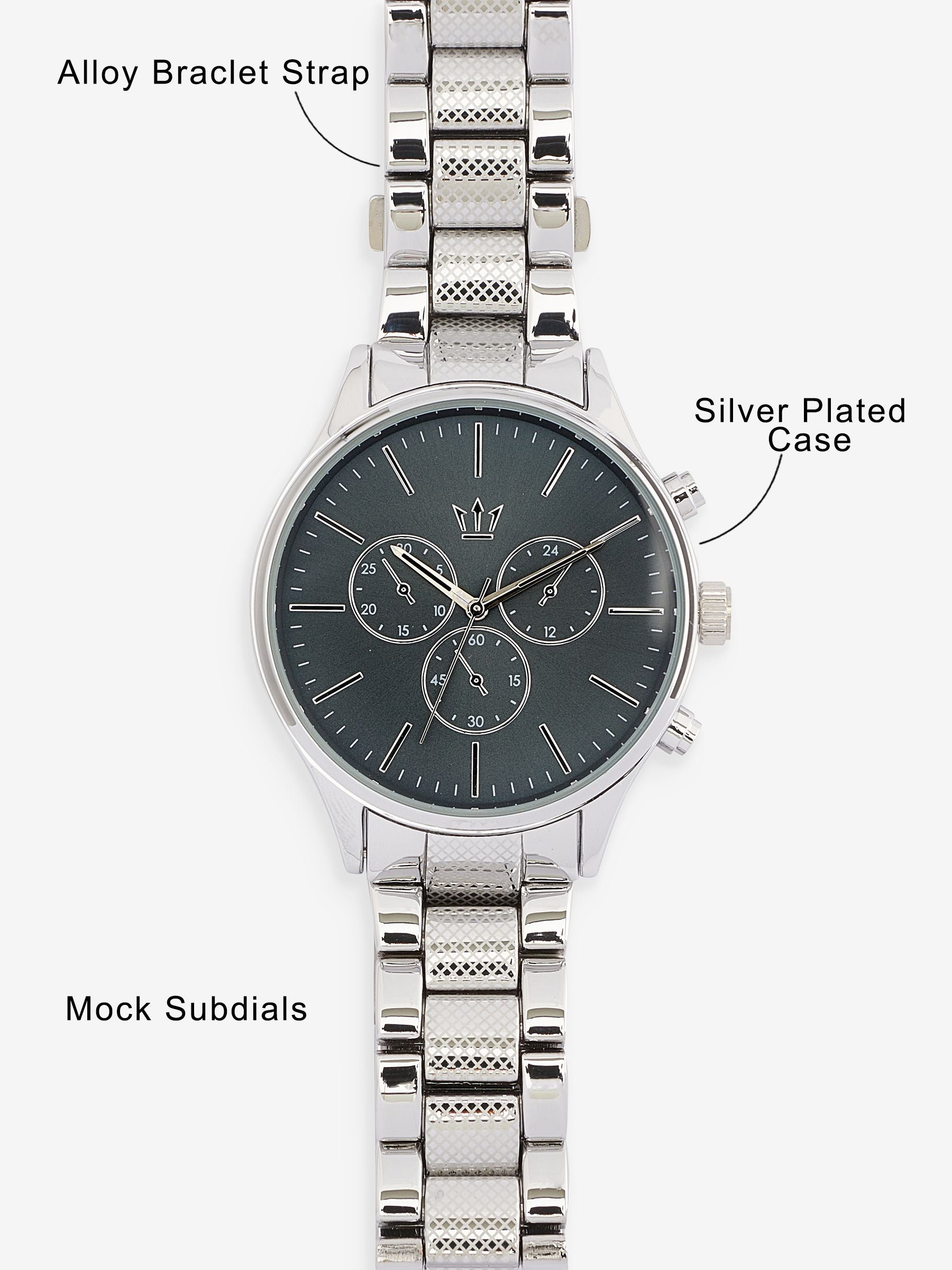 Silver tone watch with mock sub-dials and diamante, imported from the UK
