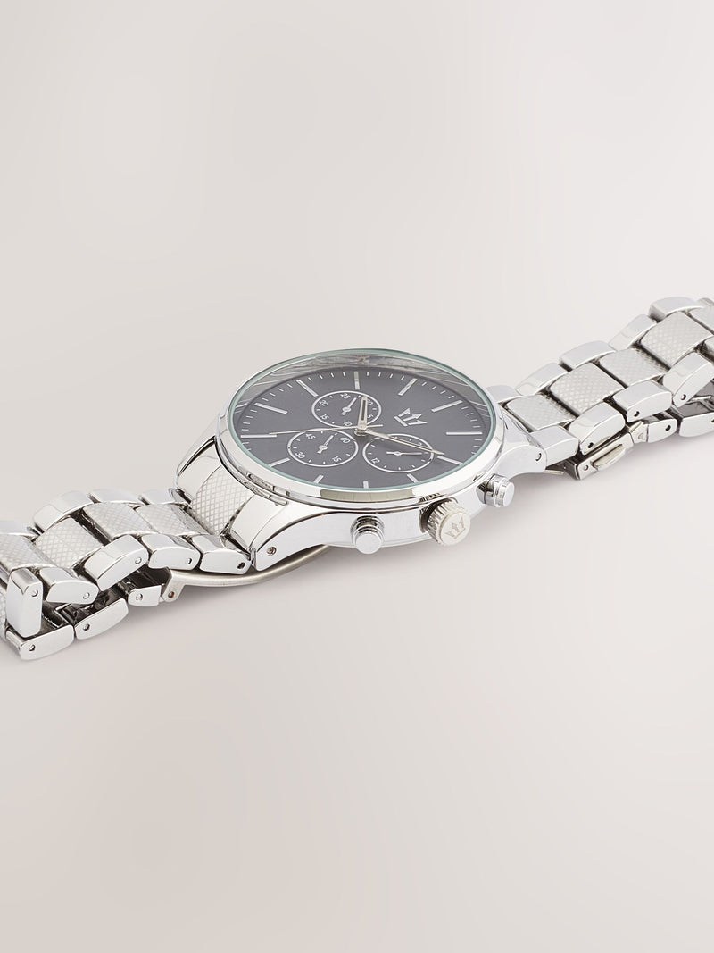 Silver tone watch with mock sub-dials and diamante, imported from the UK